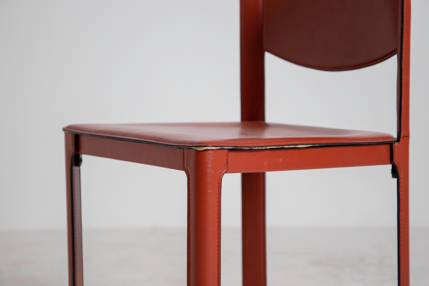 Modern Set of Four Italian Chair, Matteograssi Burgundy Leather M. Sistina, Label 1980
