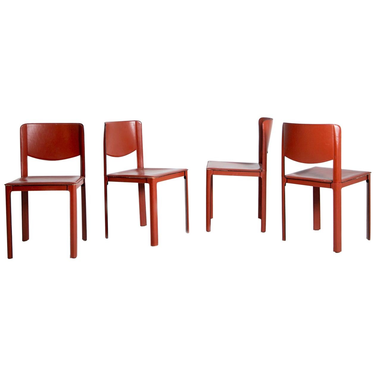 Set of Four Italian Chair, Matteograssi Burgundy Leather M. Sistina, Label 1980