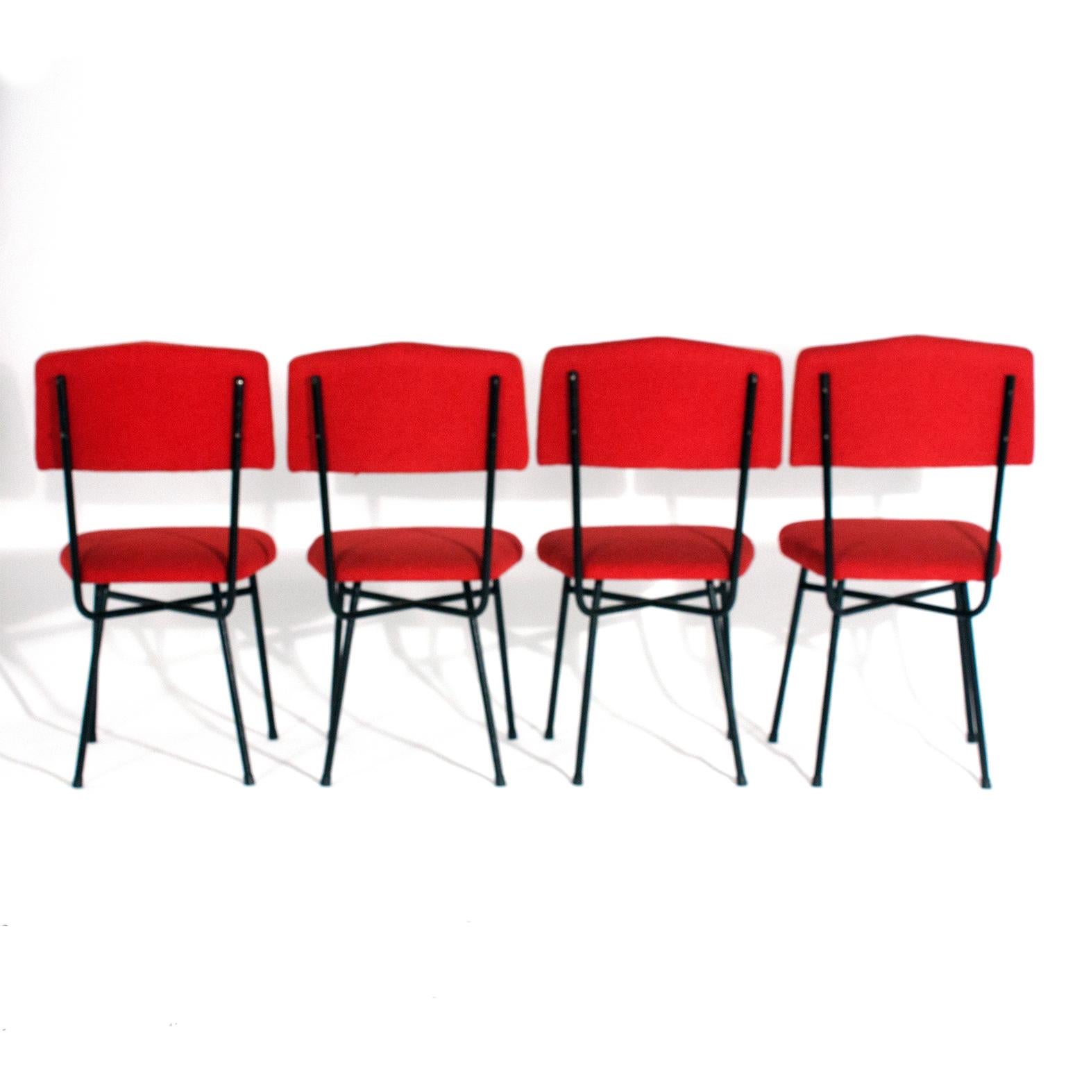 Mid-Century Modern Set of Four Italian Chairs, Italy, 1950s, Iron and Red Fabric