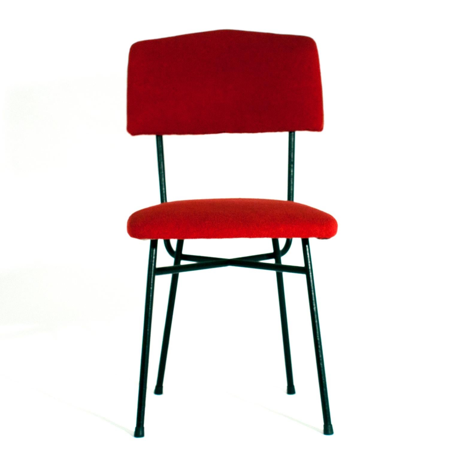 Set of Four Italian Chairs, Italy, 1950s, Iron and Red Fabric In Good Condition In Barcelona, Cataluna