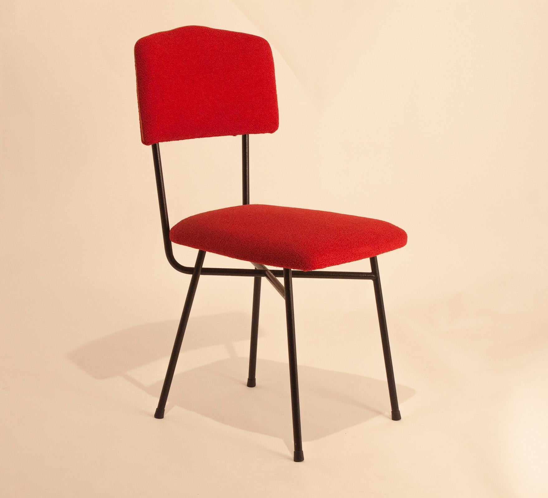 Textile Set of Four Italian Chairs, Italy, 1950s, Iron and Red Fabric
