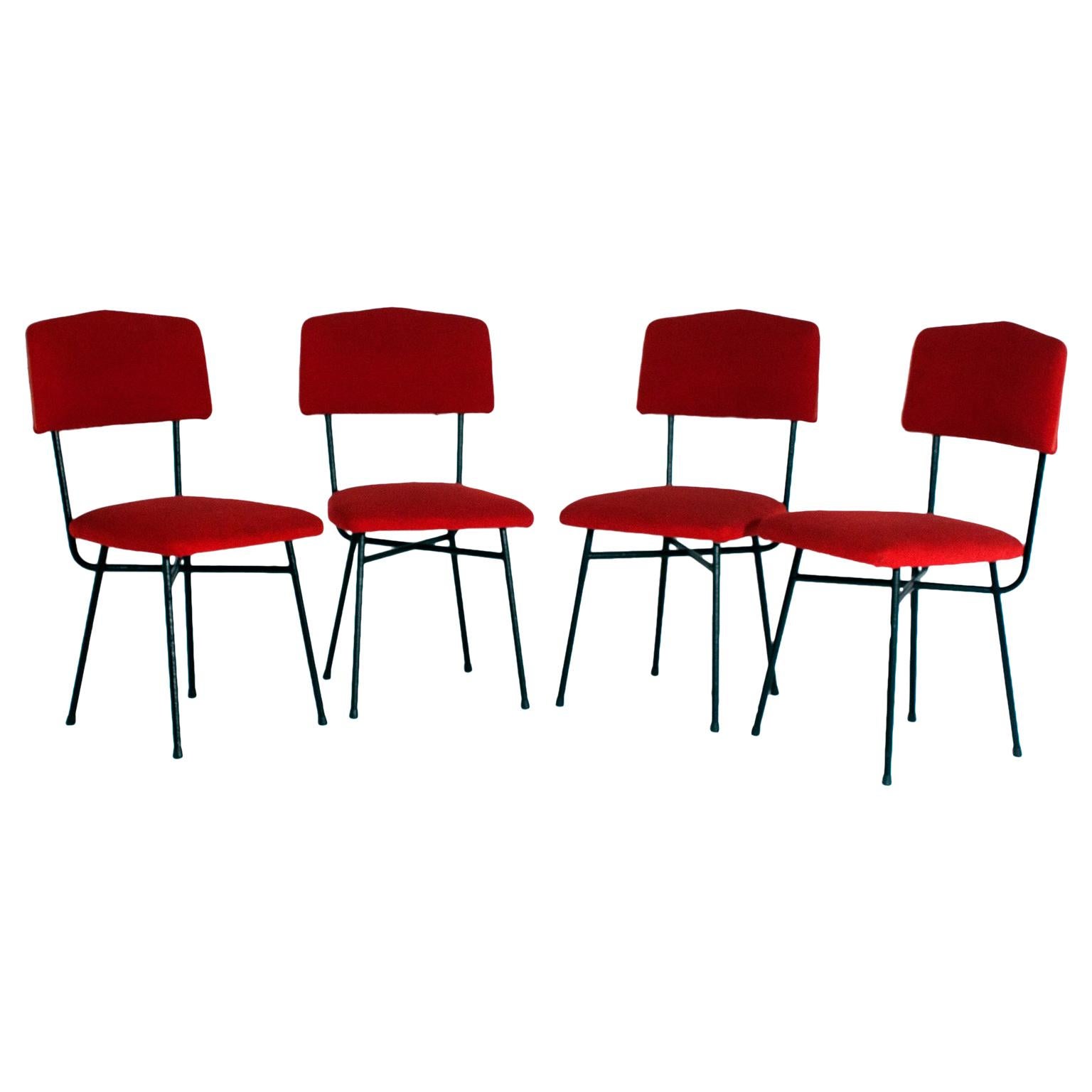 Set of Four Italian Chairs, Italy, 1950s, Iron and Red Fabric