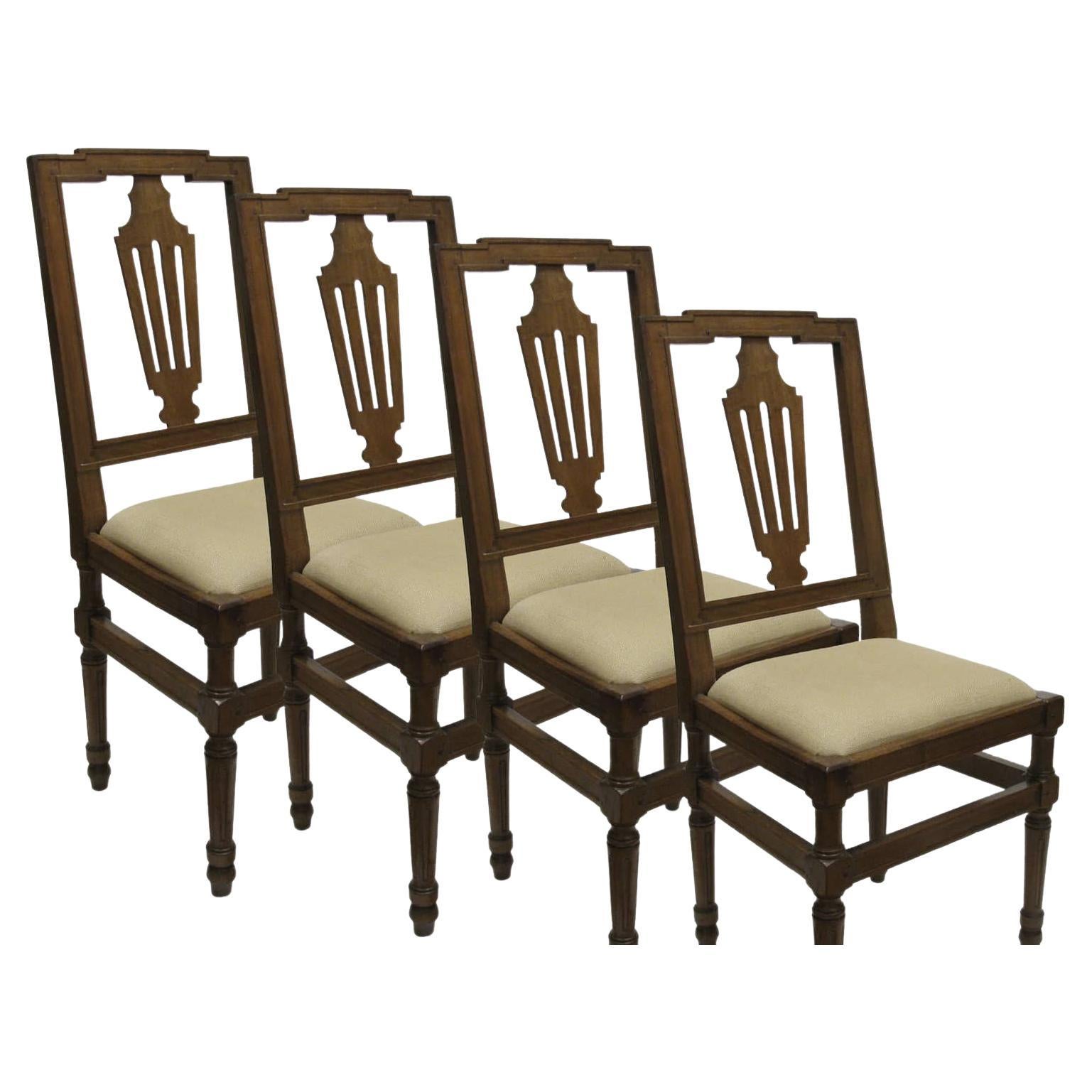 Set of Four Italian Chairs Late 19th Century Piedmontese Solid Walnut Chairs  For Sale