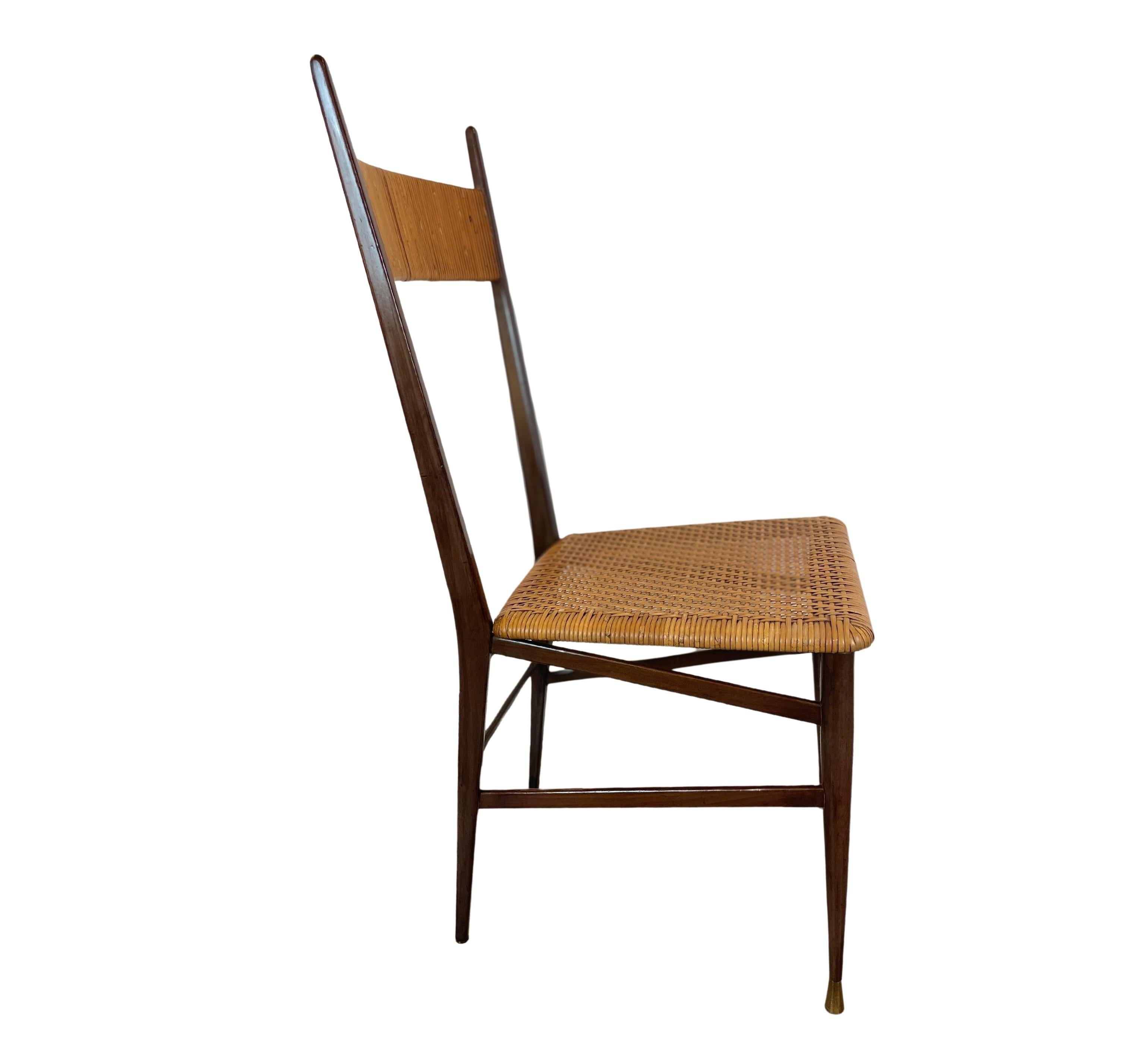 Set of Four Italian Chiavari Chairs Scuola Di Torino in Rattan Wood Brass 1950s For Sale 5