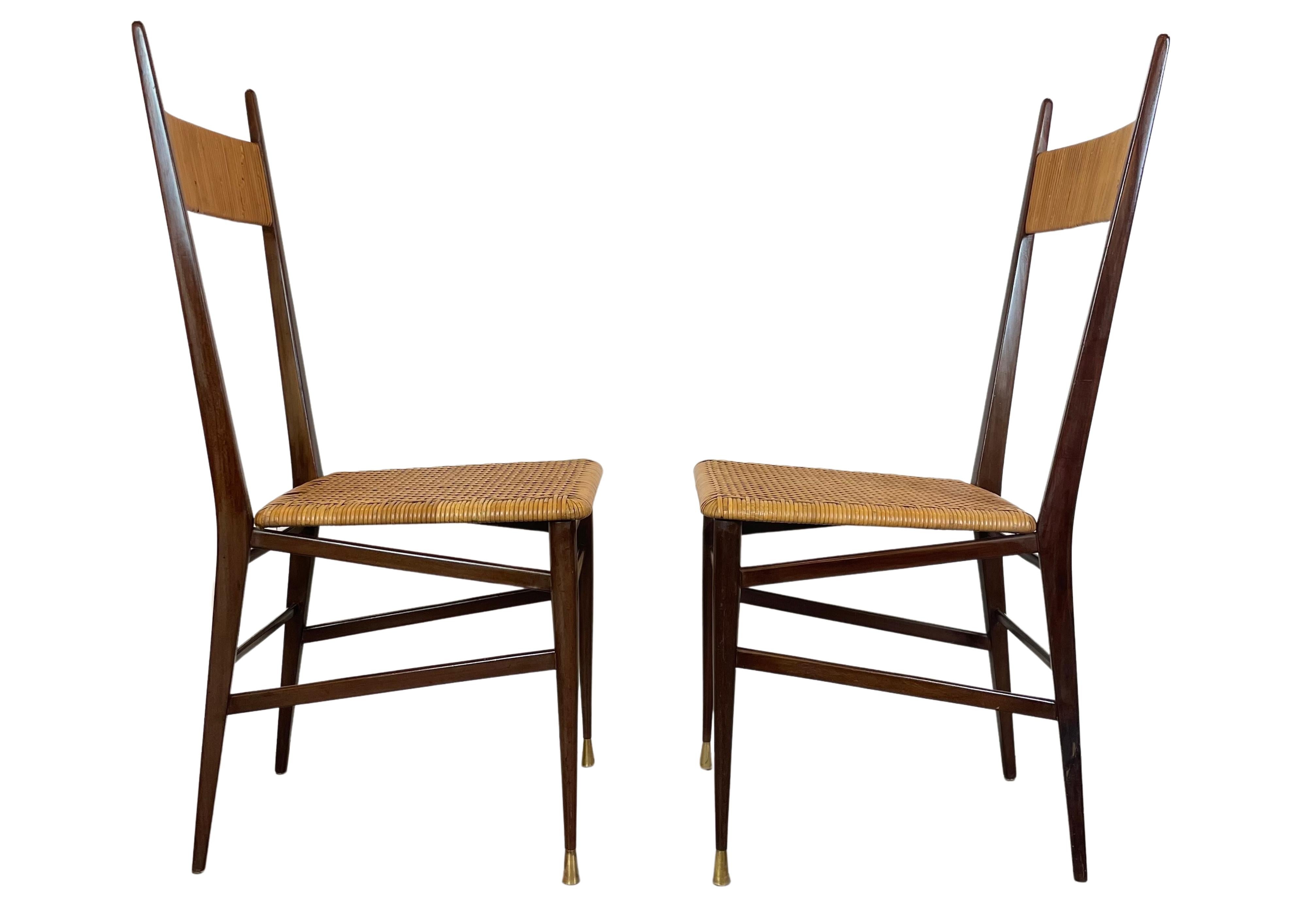 Set of Four Italian Chiavari Chairs Scuola Di Torino in Rattan Wood Brass 1950s In Good Condition For Sale In Torquay, GB