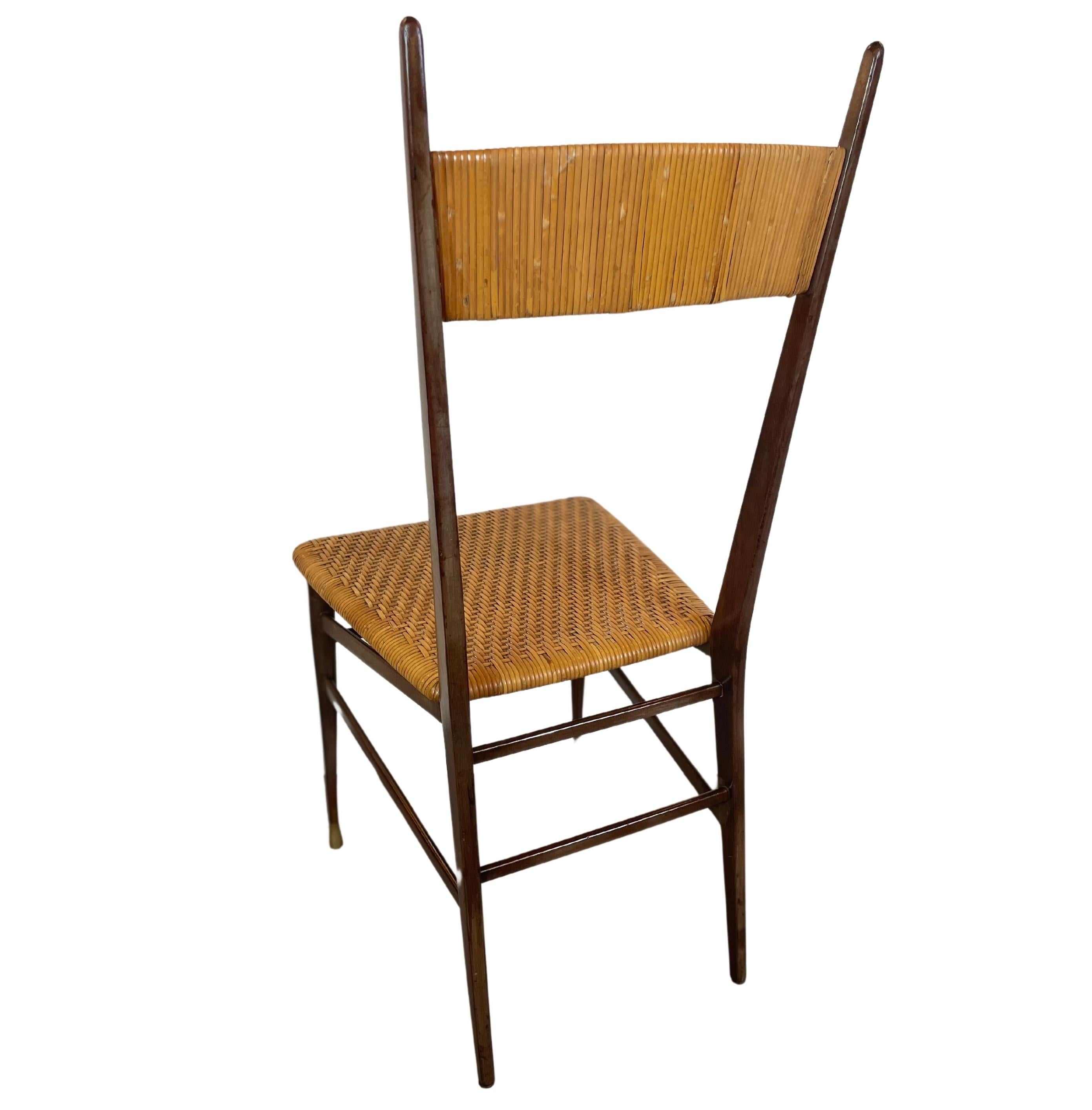 Set of Four Italian Chiavari Chairs Scuola Di Torino in Rattan Wood Brass 1950s For Sale 1