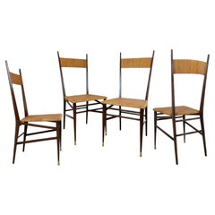 Set of Four Italian Chiavari Chairs Scuola Di Torino in Rattan Wood Brass 1950s