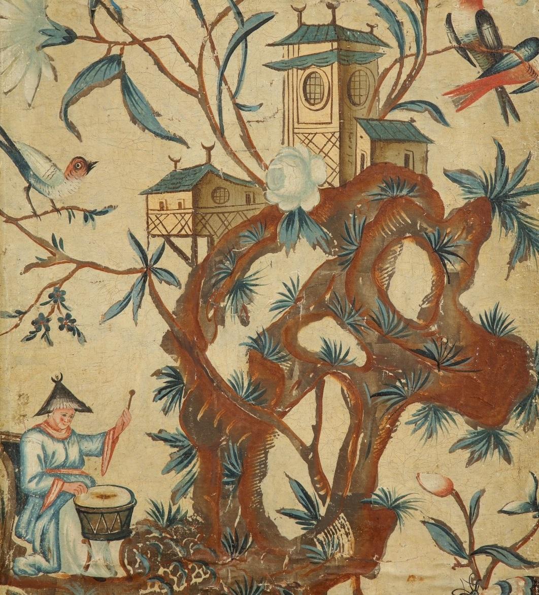 A set of four Italian chinoiserie painted panels, each within frames, depicting fanciful chinoiserie birds, vegetation, pagodas and figures at leisure, circa 1820. Possibly from Piemonte. All four panels have been re-lined.