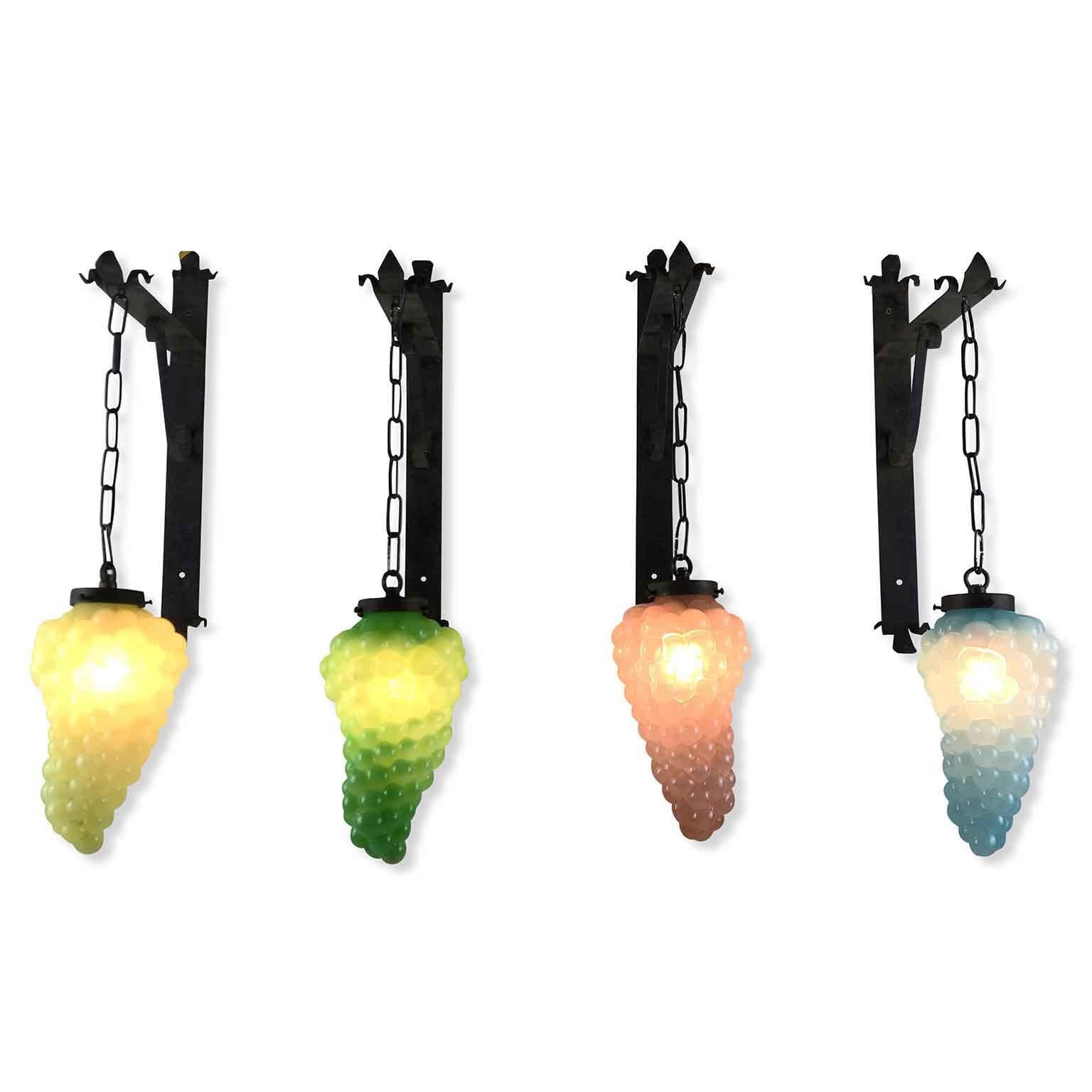 European Set of Four Italian Glass Grape Sconces with Wrought Iron Brackets 1960s For Sale