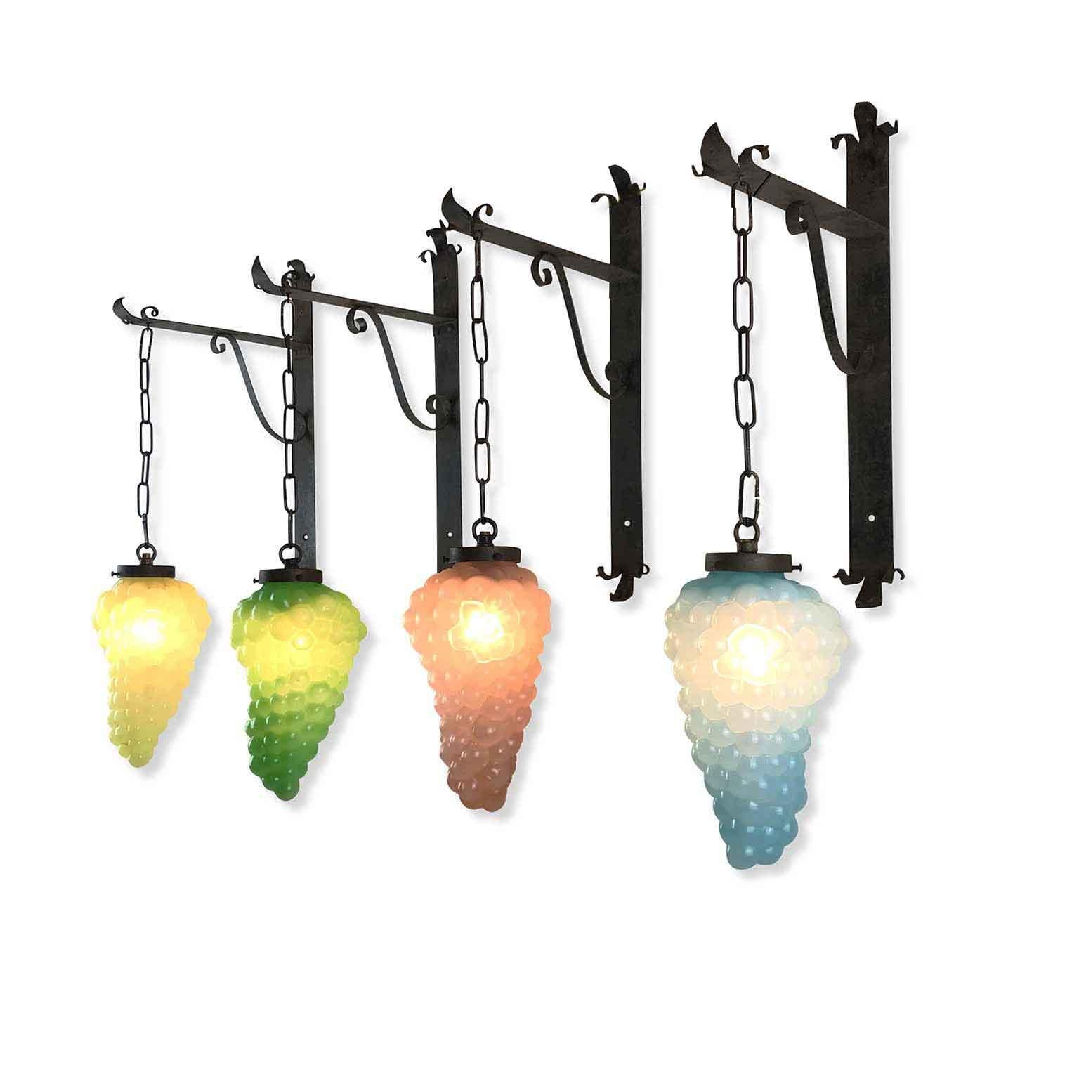 20th Century Set of Four Italian Glass Grape Sconces with Wrought Iron Brackets 1960s For Sale