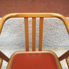 Italian Midcentury Solid Beech Wood and Red Leather Dining Chairs, 1980s