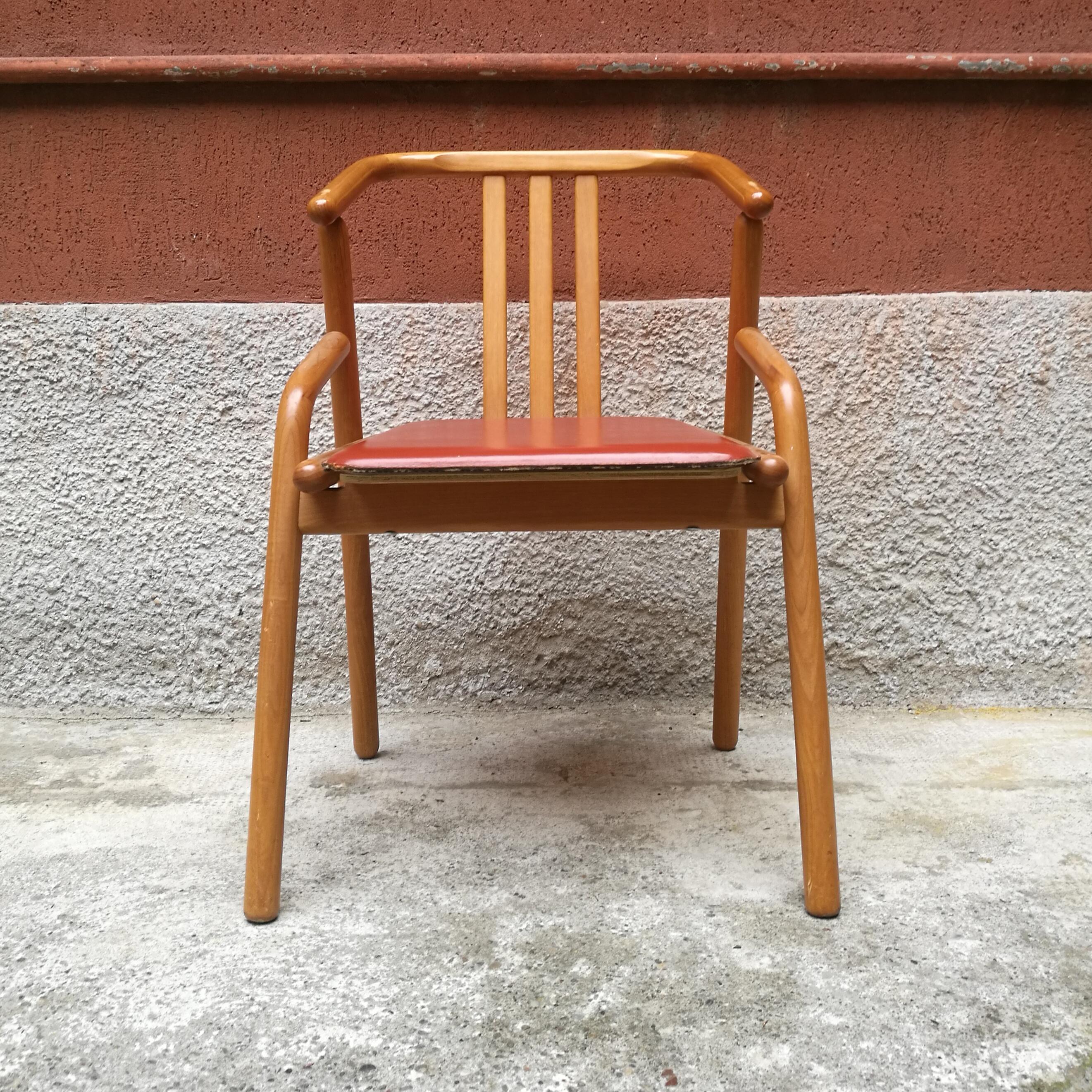 Italian Midcentury Solid Beech Wood and Red Leather Dining Chairs, 1980s 1