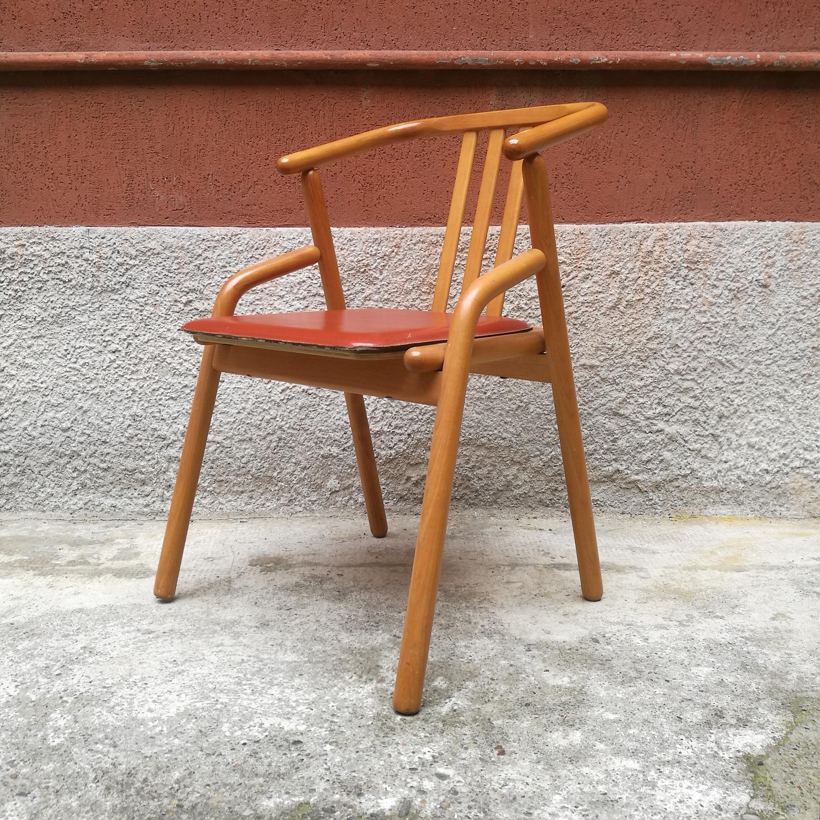 Italian Midcentury Solid Beech Wood and Red Leather Dining Chairs, 1980s 2
