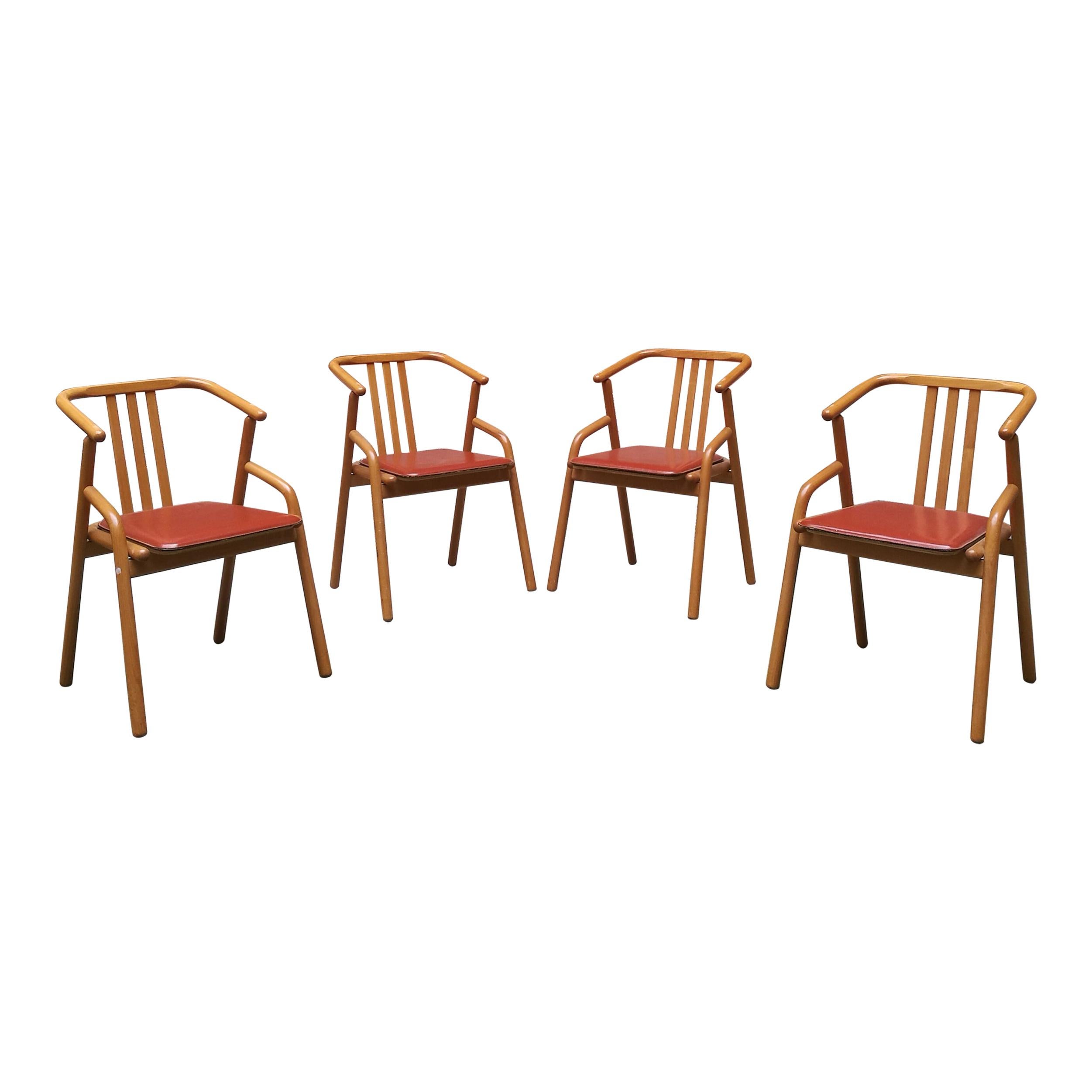 Italian Midcentury Solid Beech Wood and Red Leather Dining Chairs, 1980s