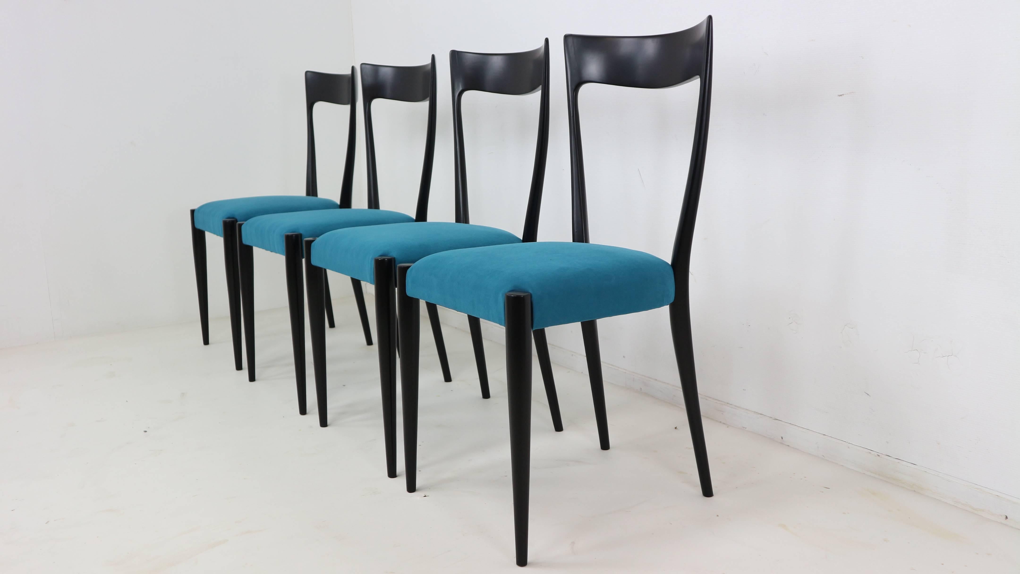 Set of four Italian modern dining chairs, designed by Melchiorre Bega, Italian, circa 1950s. These chairs are refinished and reupholstered in blue velvet.