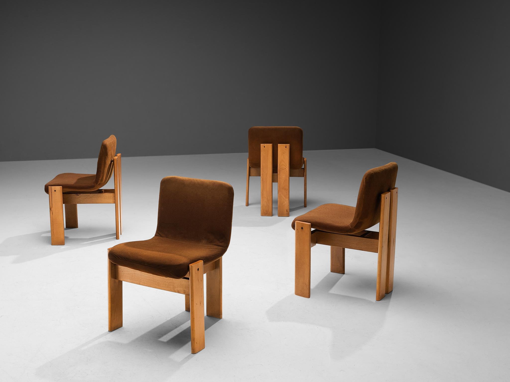 Set of four dining chairs, stained beech, fabric, Italy, 1960s 

These dining chairs of Italian origin have a strong resemblance to Augusto Savini’s 'Pamplona' chair (1965) and Afra & Tobia Scarpa's 'Pigreco' chair (1959-1960), yet this design is