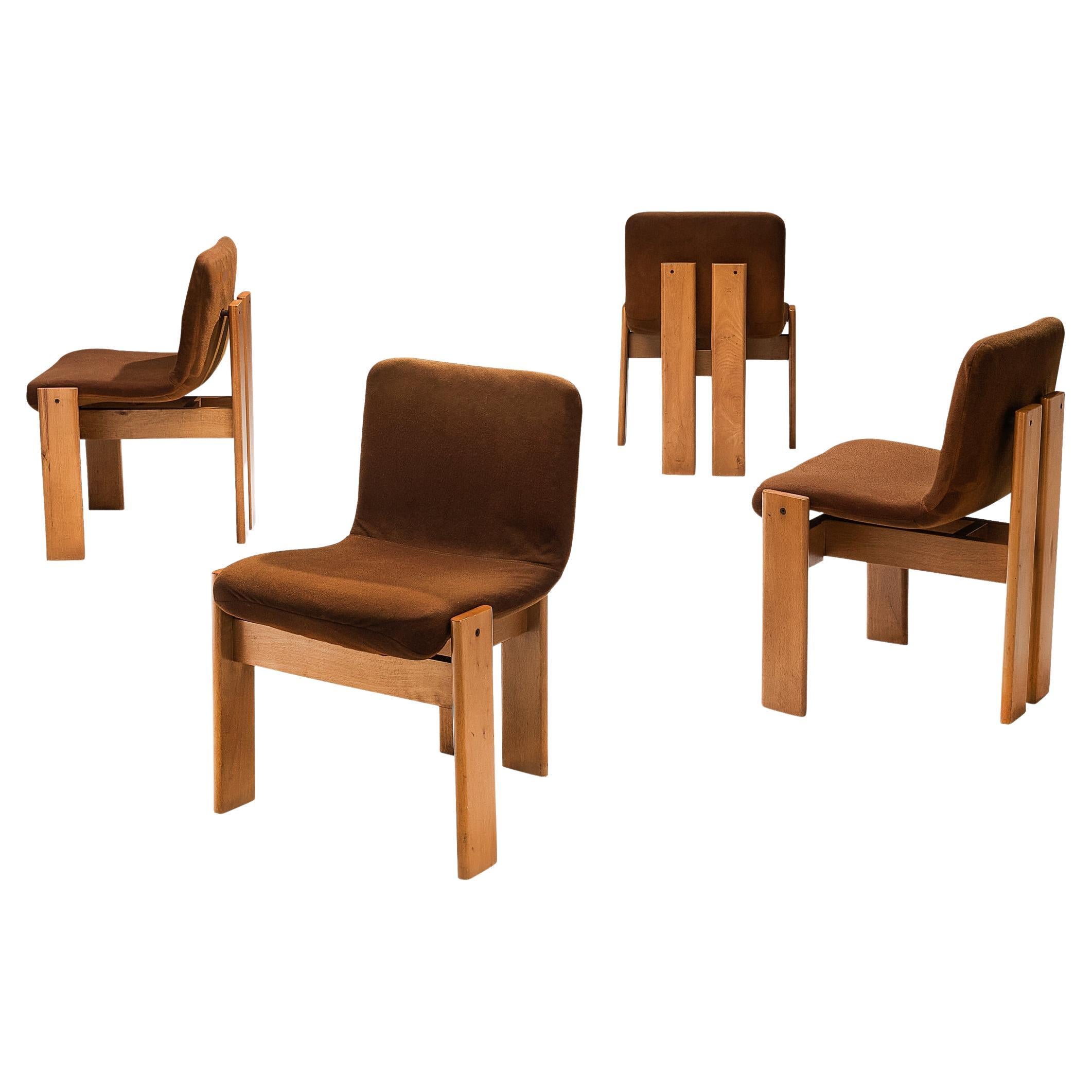 Set of Four Italian Dining Chairs in Brown Upholstery and Blond Wood For Sale