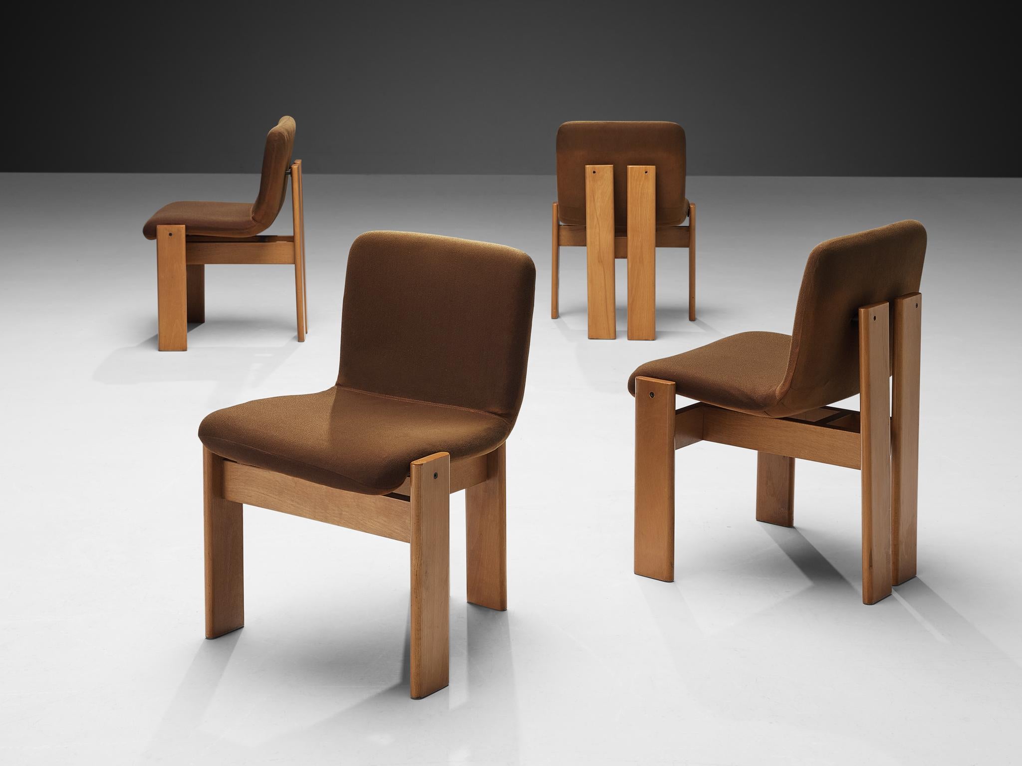Set of four dining chairs, beech, fabric, Italy, 1960s 

These dining chairs of Italian origin have a strong resemblance to Augusto Savini’s 'Pamplona' chair (1965) and Afra & Tobia Scarpa's 'Pigreco' chair (1959-1960), yet this design is