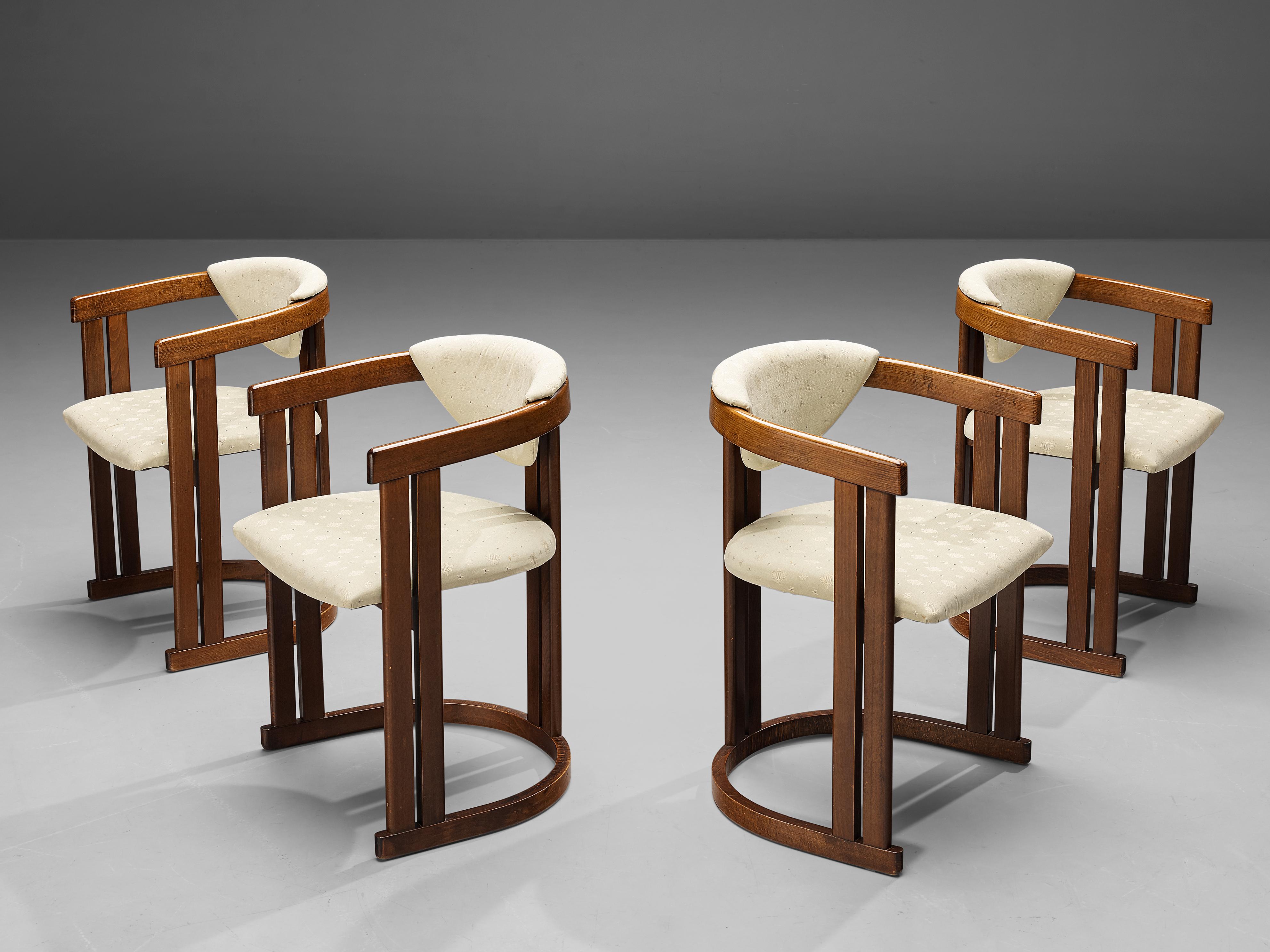 Set of four dining chairs, beech, fabric, Italy, 1960s

Italian dining chairs with white, subtle patterned upholstery. These truly elegant dining chairs feature a semicircular form. The user is surrounded by the rounded arm- and backrest. Three