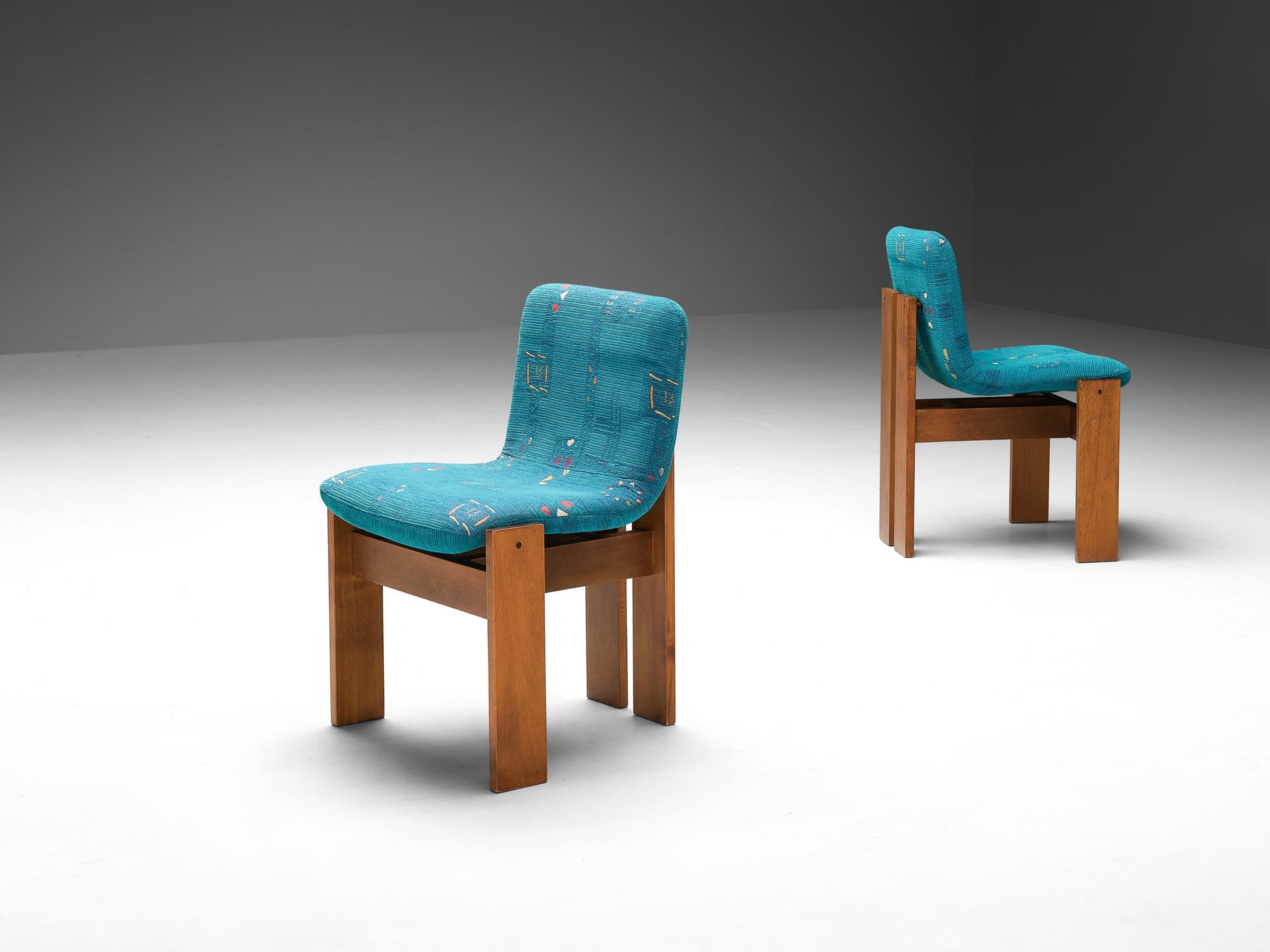 Set of Four Italian Dining Chairs in Wood and Turquoise Upholstery  For Sale 4