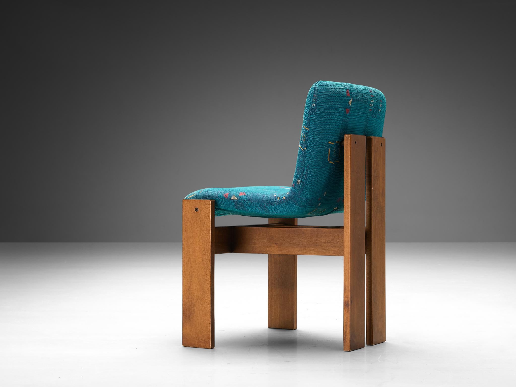 Set of Four Italian Dining Chairs in Wood and Turquoise Upholstery 5