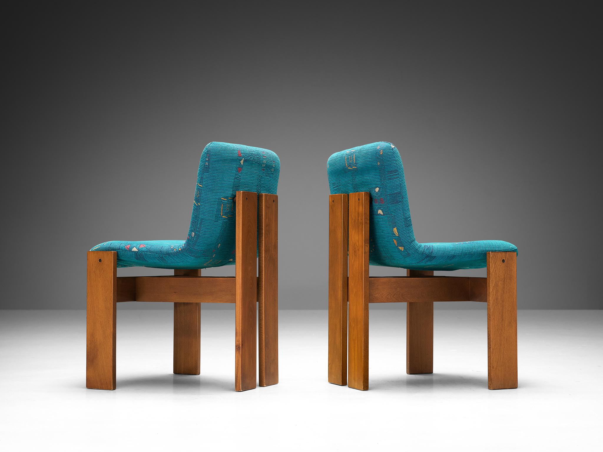 Mid-Century Modern Set of Four Italian Dining Chairs in Wood and Turquoise Upholstery  For Sale