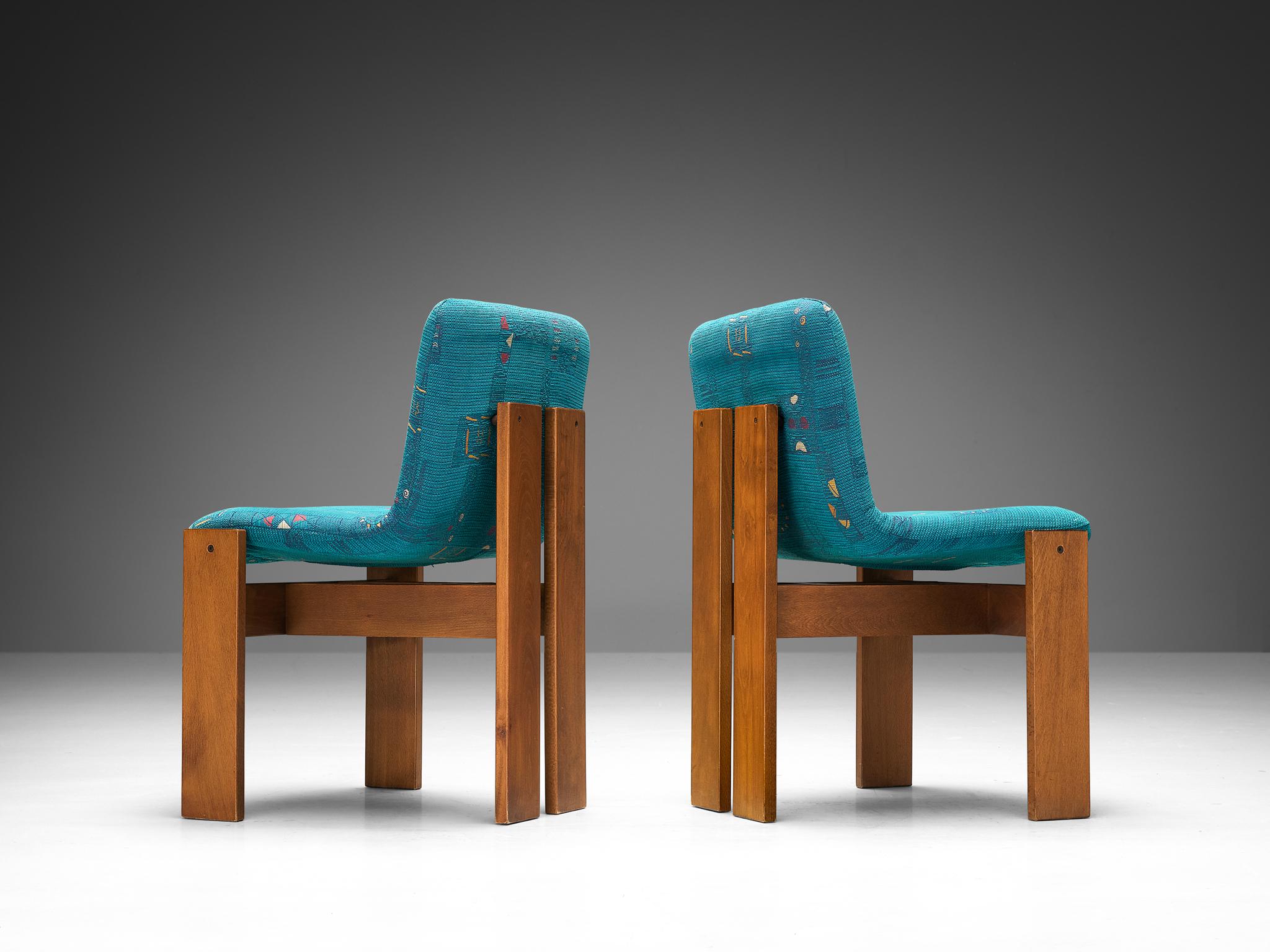 Mid-Century Modern Set of Four Italian Dining Chairs in Wood and Turquoise Upholstery
