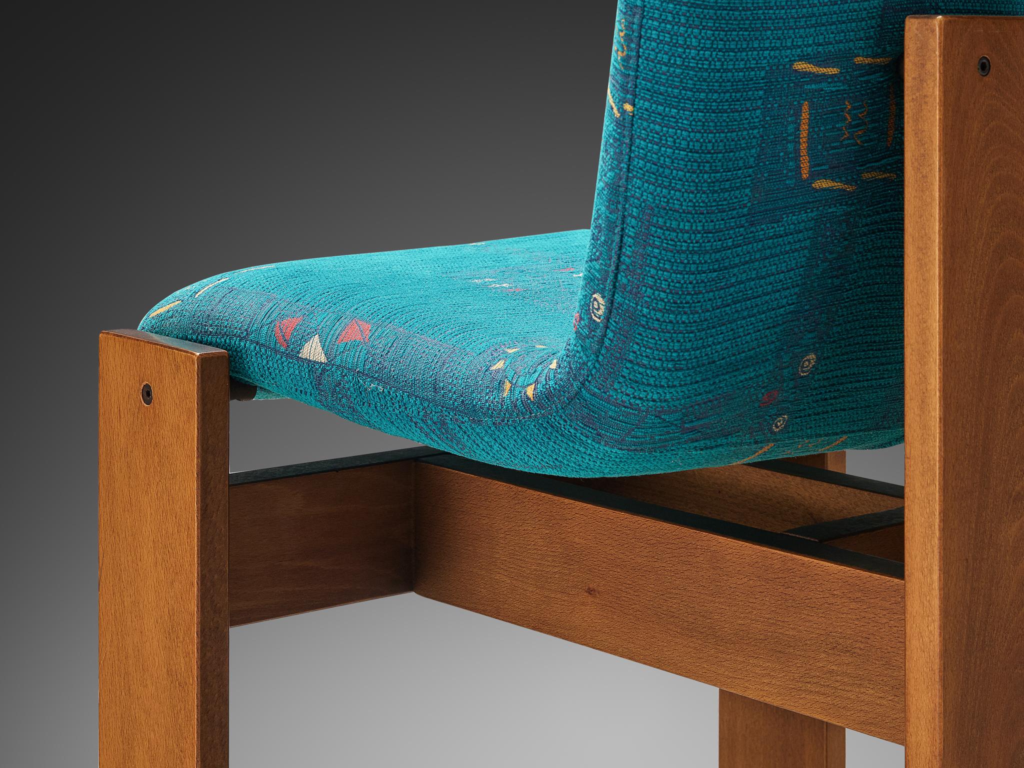 Mid-20th Century Set of Four Italian Dining Chairs in Wood and Turquoise Upholstery