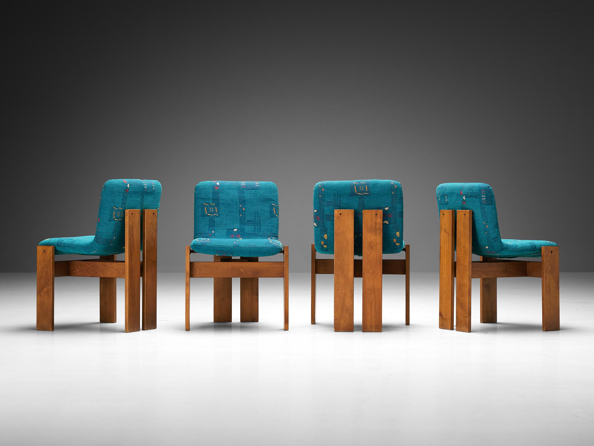 Fabric Set of Four Italian Dining Chairs in Wood and Turquoise Upholstery