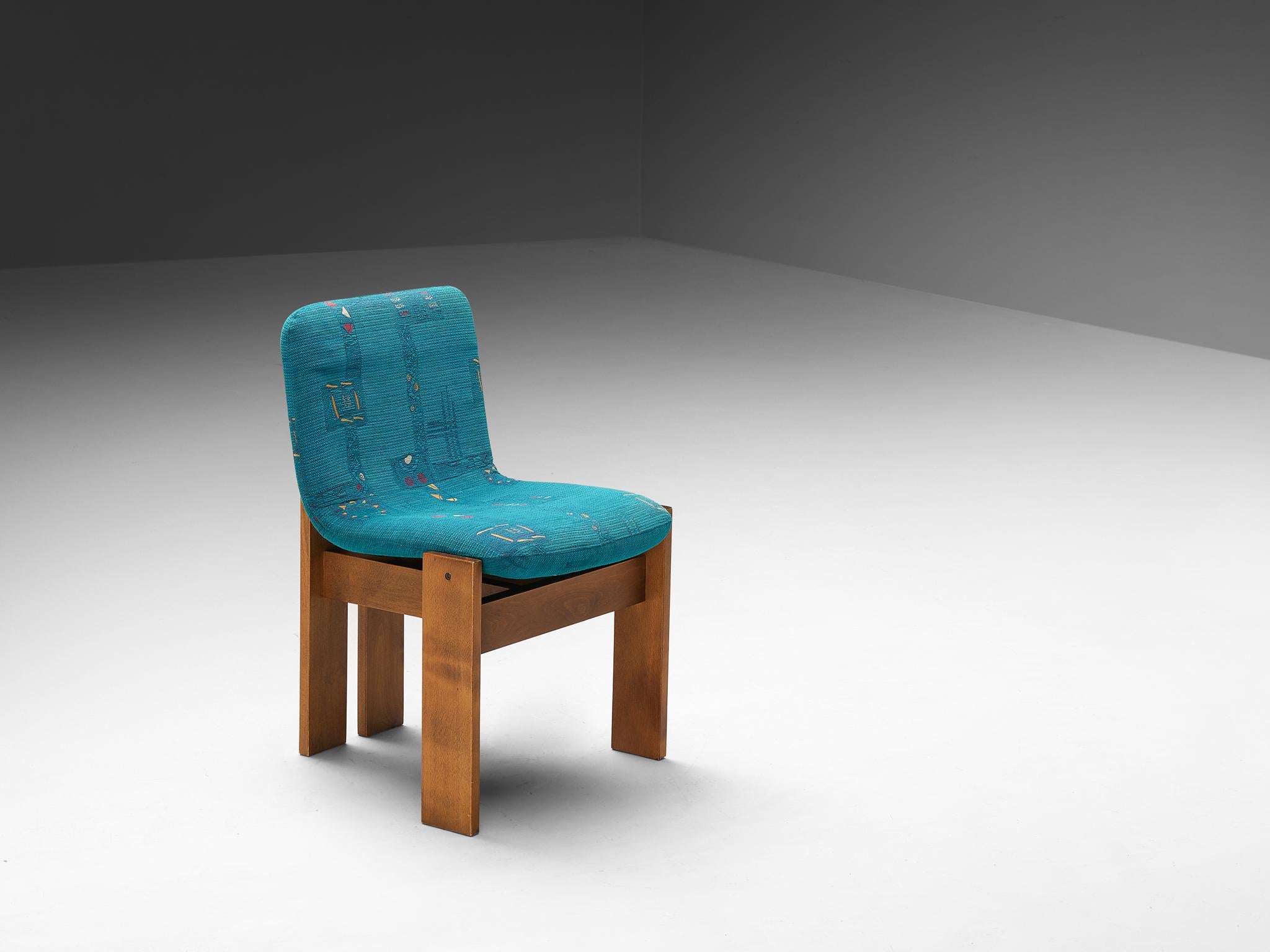 Set of Four Italian Dining Chairs in Wood and Turquoise Upholstery 1