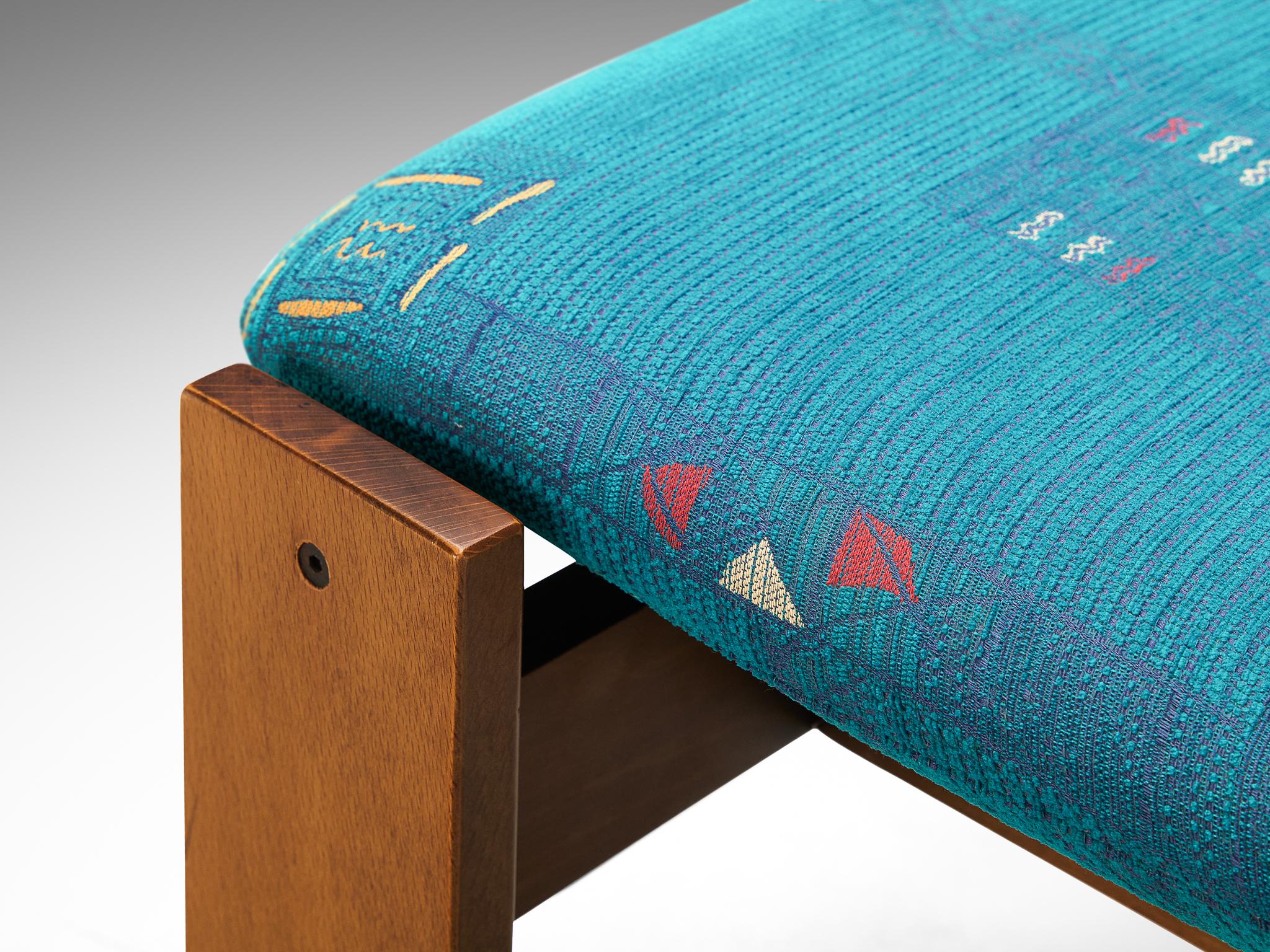 Set of Four Italian Dining Chairs in Wood and Turquoise Upholstery 2
