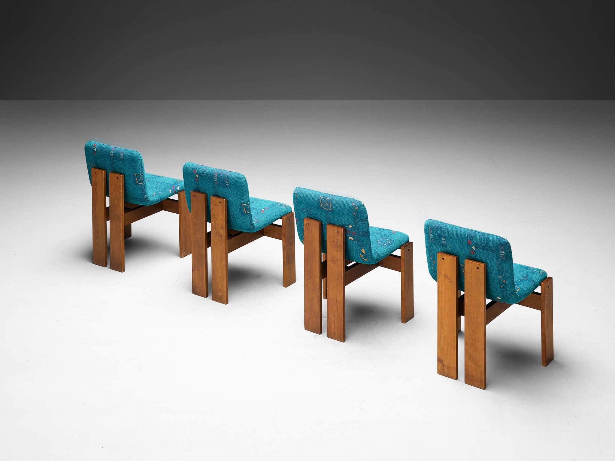 Set of Four Italian Dining Chairs in Wood and Turquoise Upholstery 3