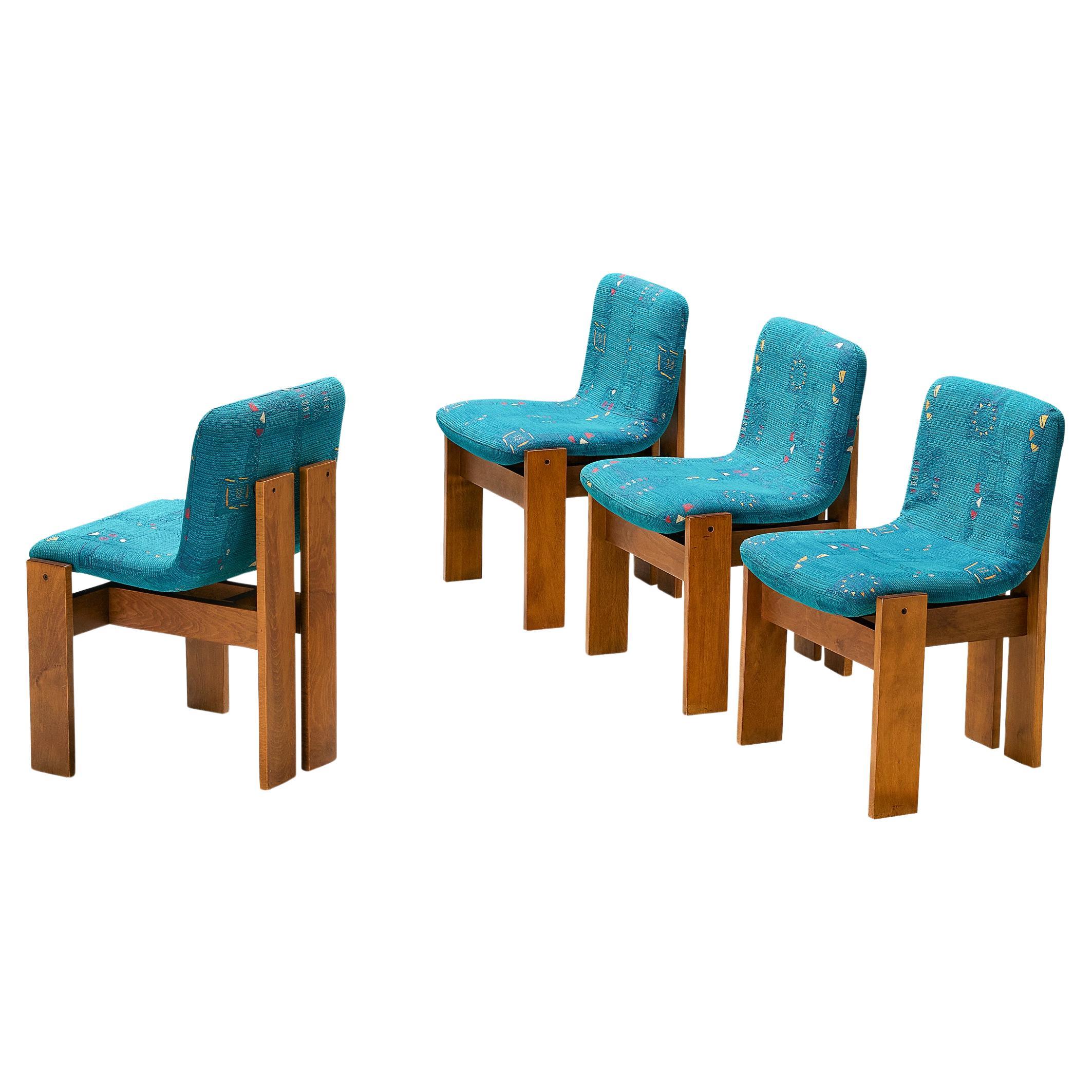 Set of Four Italian Dining Chairs in Wood and Turquoise Upholstery 