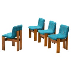 Retro Set of Four Italian Dining Chairs in Wood and Turquoise Upholstery 