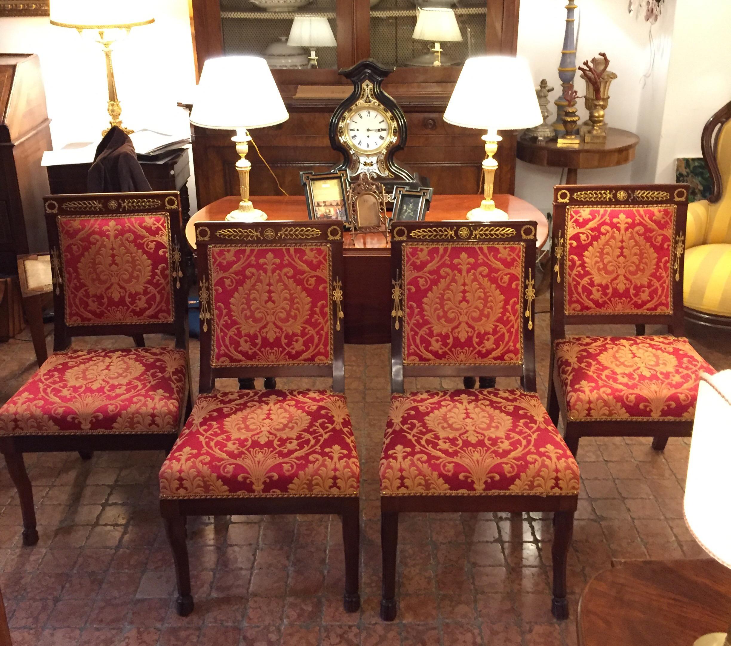 Four Italian Dining Chairs Empire Style Red Gold Upholstery 20th Century For Sale 11