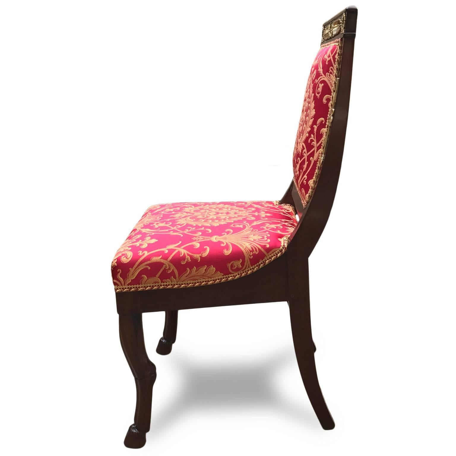 Four Italian Dining Chairs Empire Style Red Gold Upholstery 20th Century In Good Condition For Sale In Milan, IT