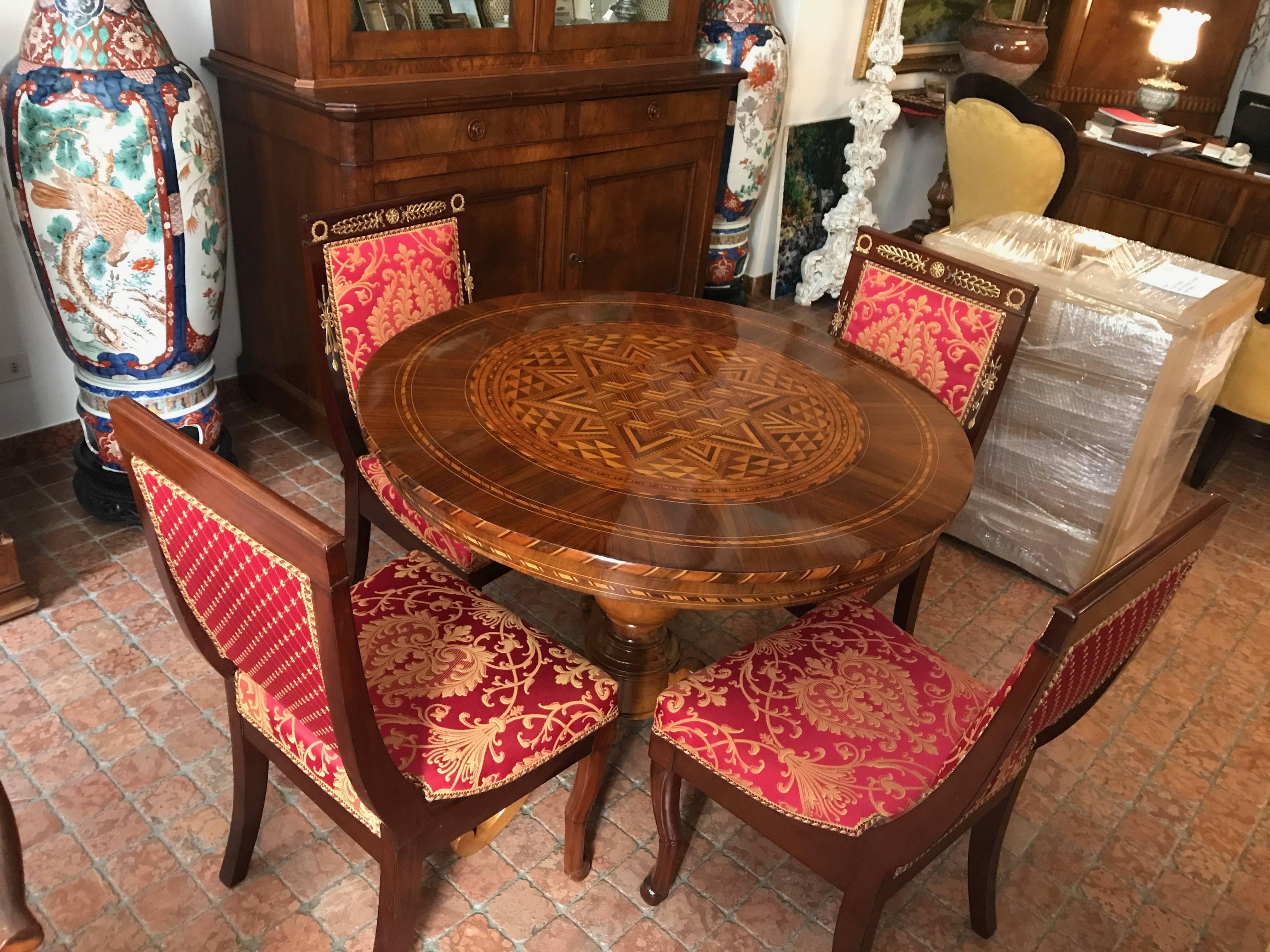 Four Italian Dining Chairs Empire Style Red Gold Upholstery 20th Century For Sale 1