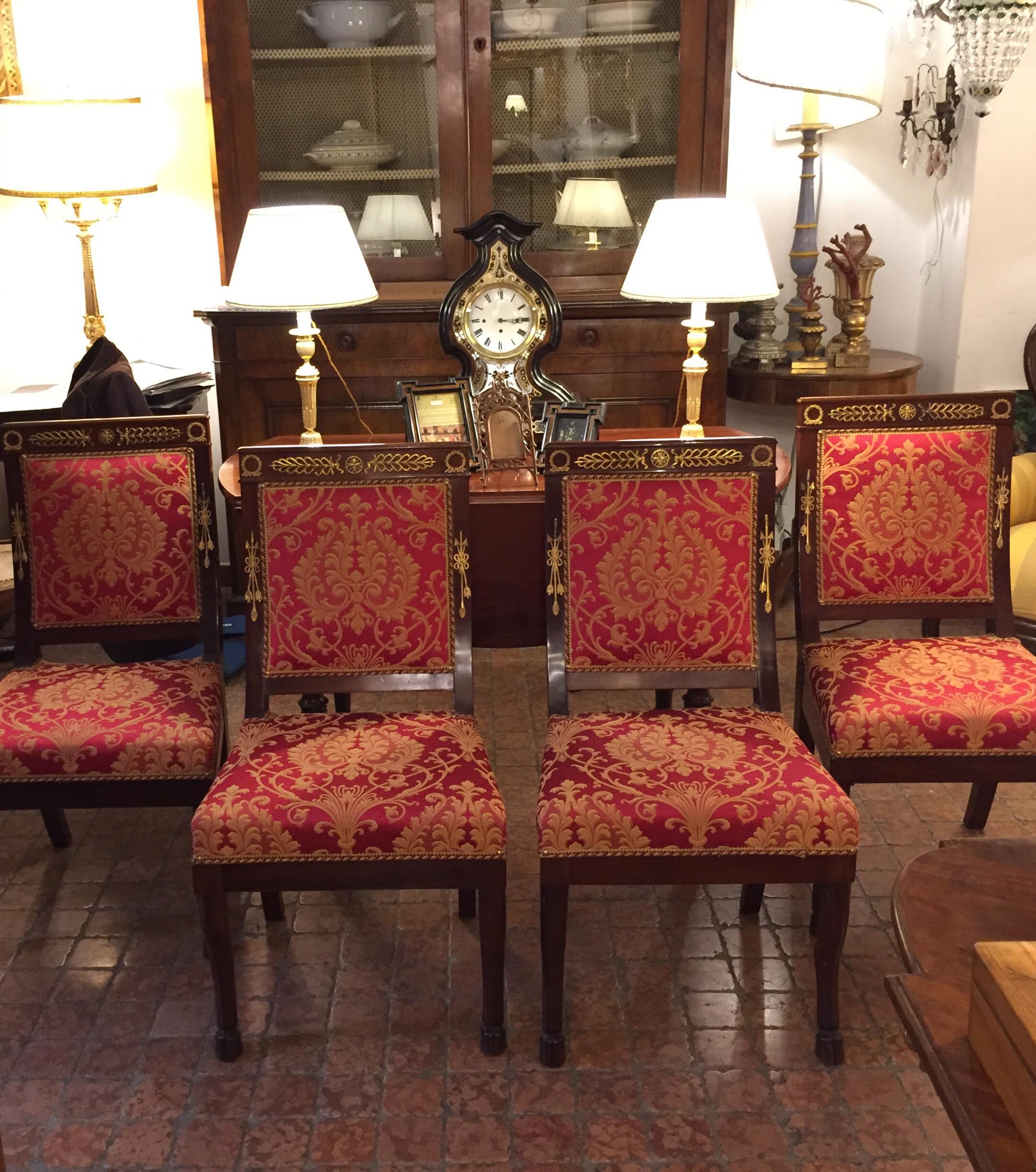 Four Italian Dining Chairs Empire Style Red Gold Upholstery 20th Century For Sale 2