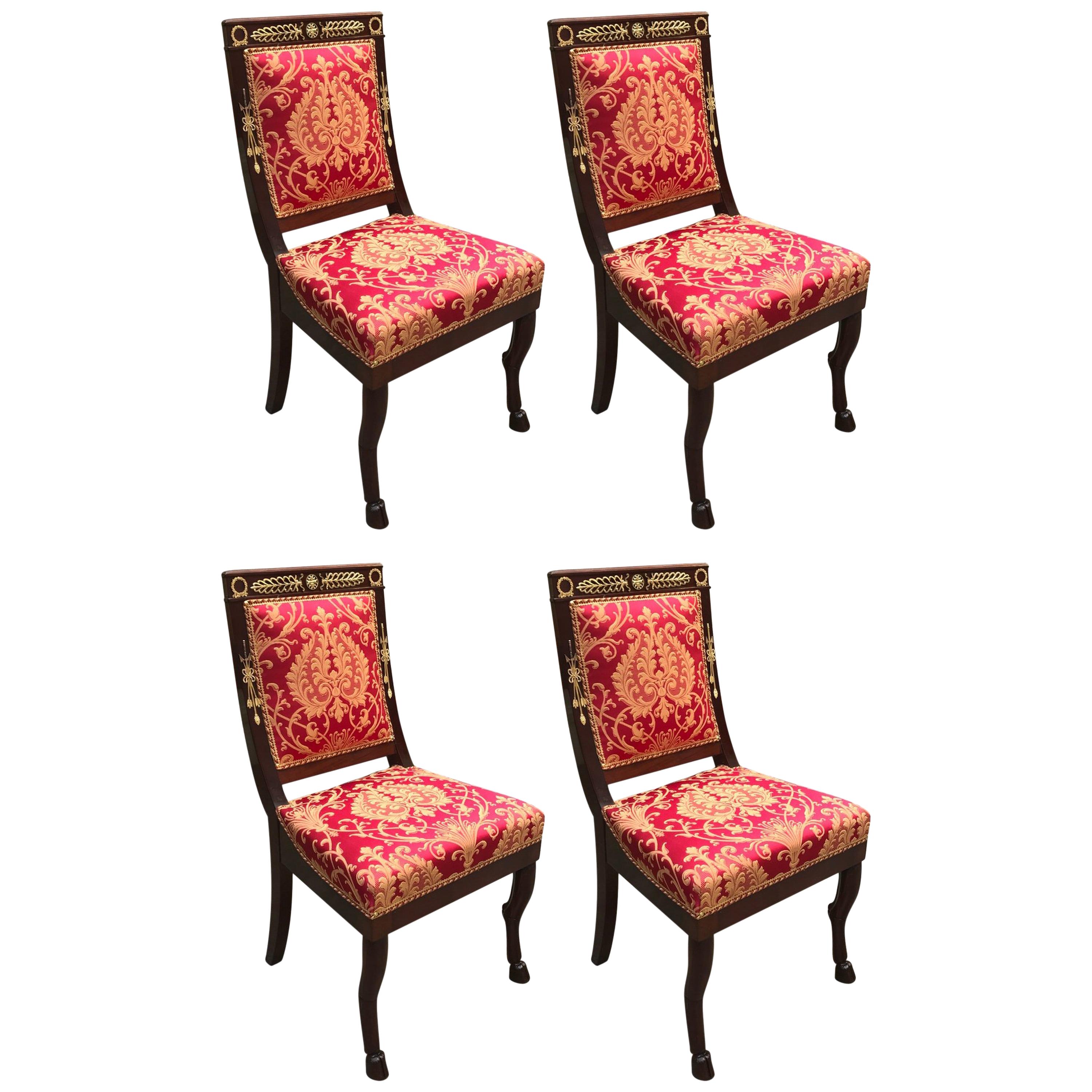 Four Italian Dining Chairs Empire Style Red Gold Upholstery 20th Century