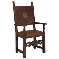 Set of Four Italian Early 19th Century Walnut and Leather Throne Chairs