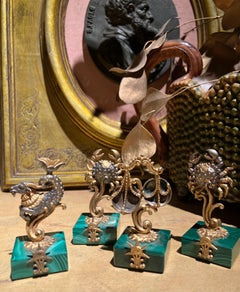 Set of Four Italian Gilt 800 Silver Zodiac Place Card Holders with Malachite