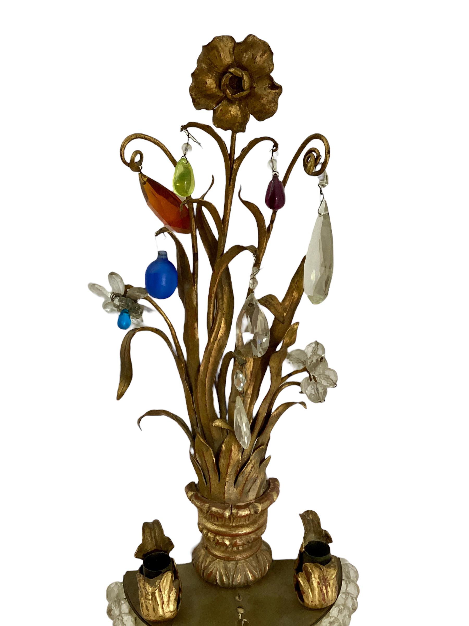 Bronze Set of Four Italian Giltwood and Gilt Metal Sconces with Colored Crystals For Sale