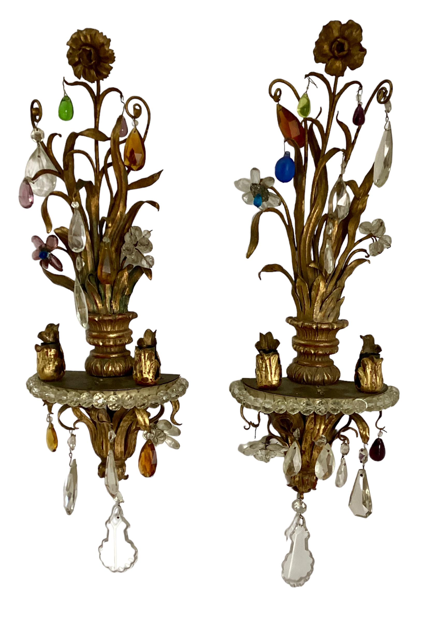 Set of Four Italian Giltwood and Gilt Metal Sconces with Colored Crystals For Sale 1
