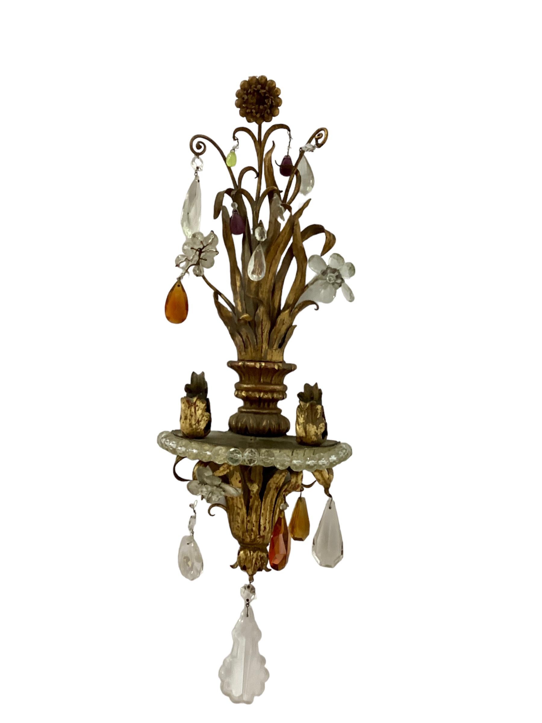 Set of Four Italian Giltwood and Gilt Metal Sconces with Colored Crystals For Sale 2