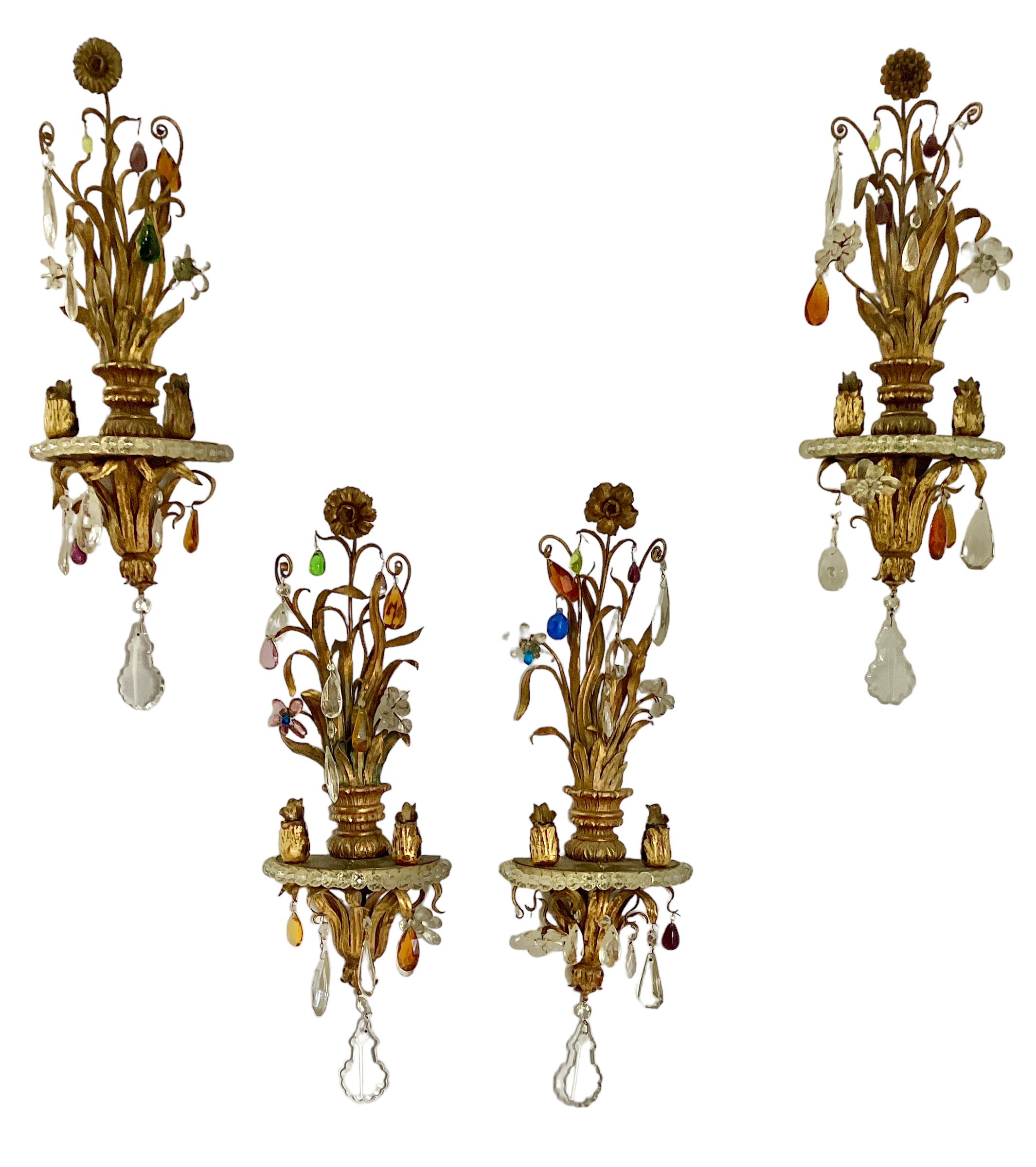 Set of Four Italian Giltwood and Gilt Metal Sconces with Colored Crystals For Sale 3