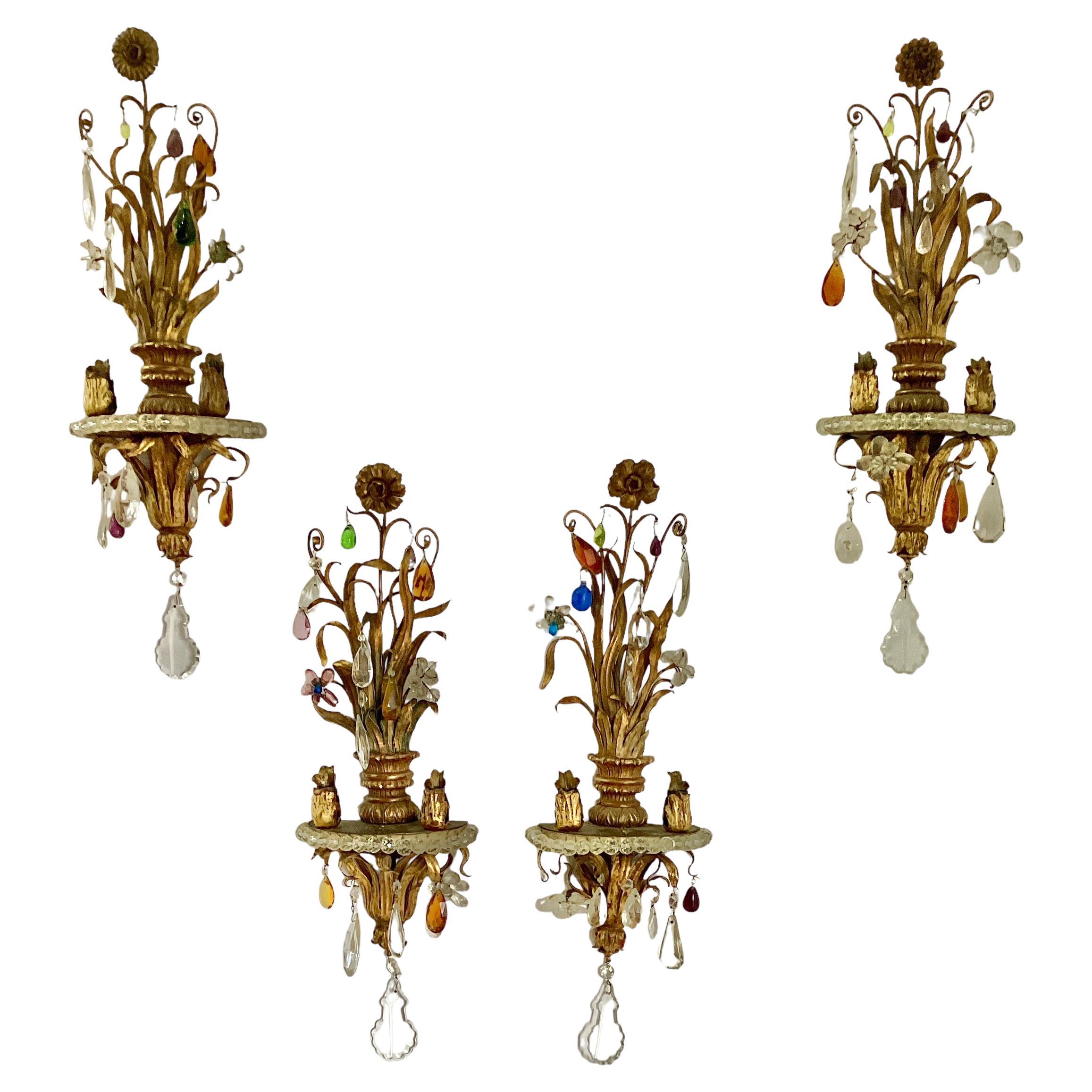 Set of Four Italian Giltwood and Gilt Metal Sconces with Colored Crystals