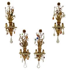 Set of Four Italian Giltwood and Gilt Metal Sconces with Colored Crystals