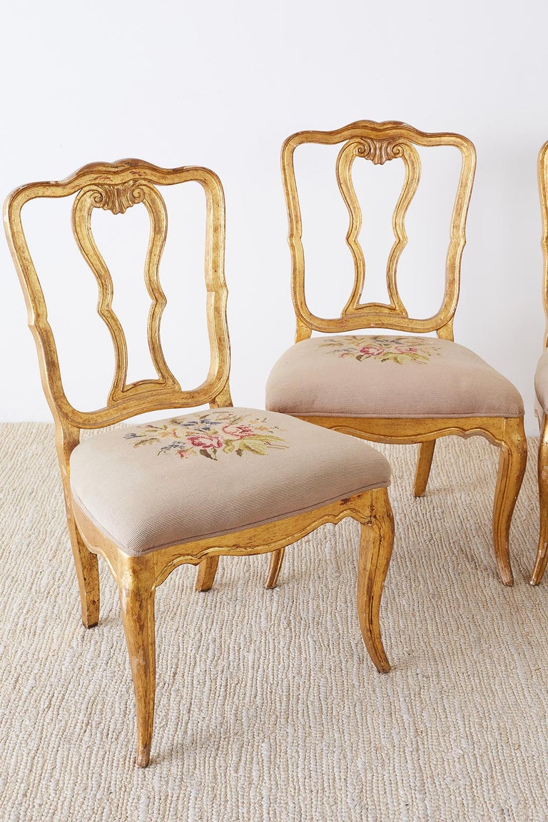Set of Four Italian Giltwood Venetian Style Dining Chairs For Sale at