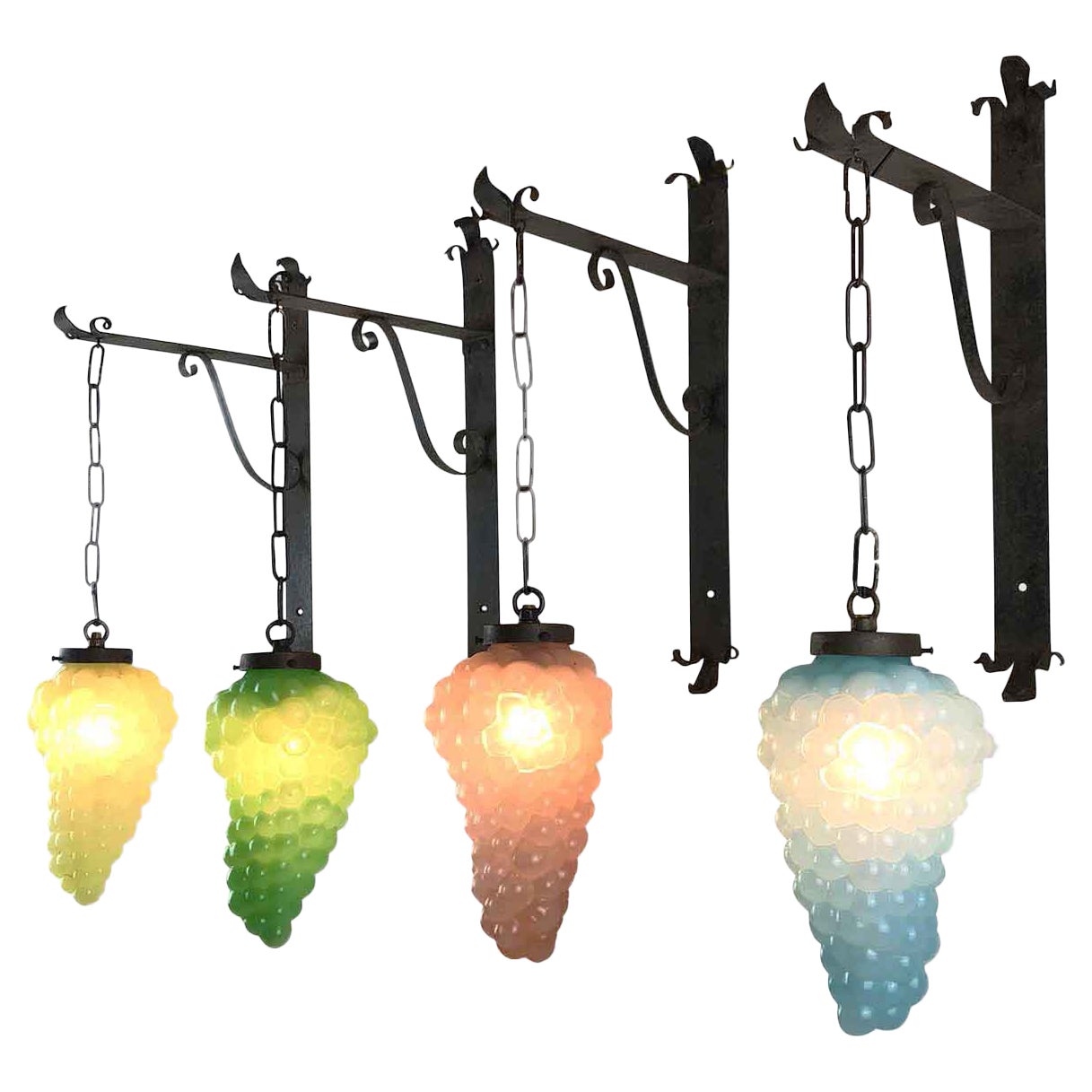 Set of Four Italian Glass Grape Sconces with Wrought Iron Brackets 1960s