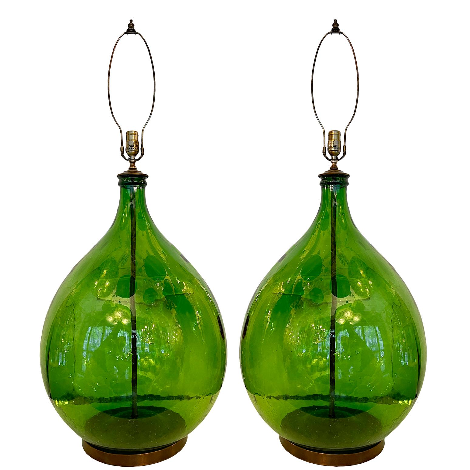 Set of Four Italian Green Glass Table Lamps, Sold Per Pair In Good Condition For Sale In New York, NY